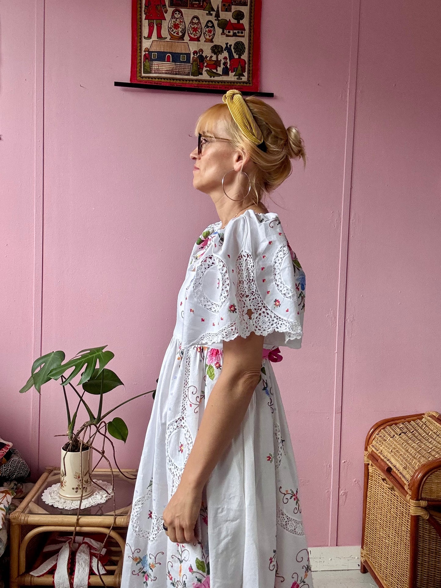 White maxi dress with appliqué,embroidery and lace panels