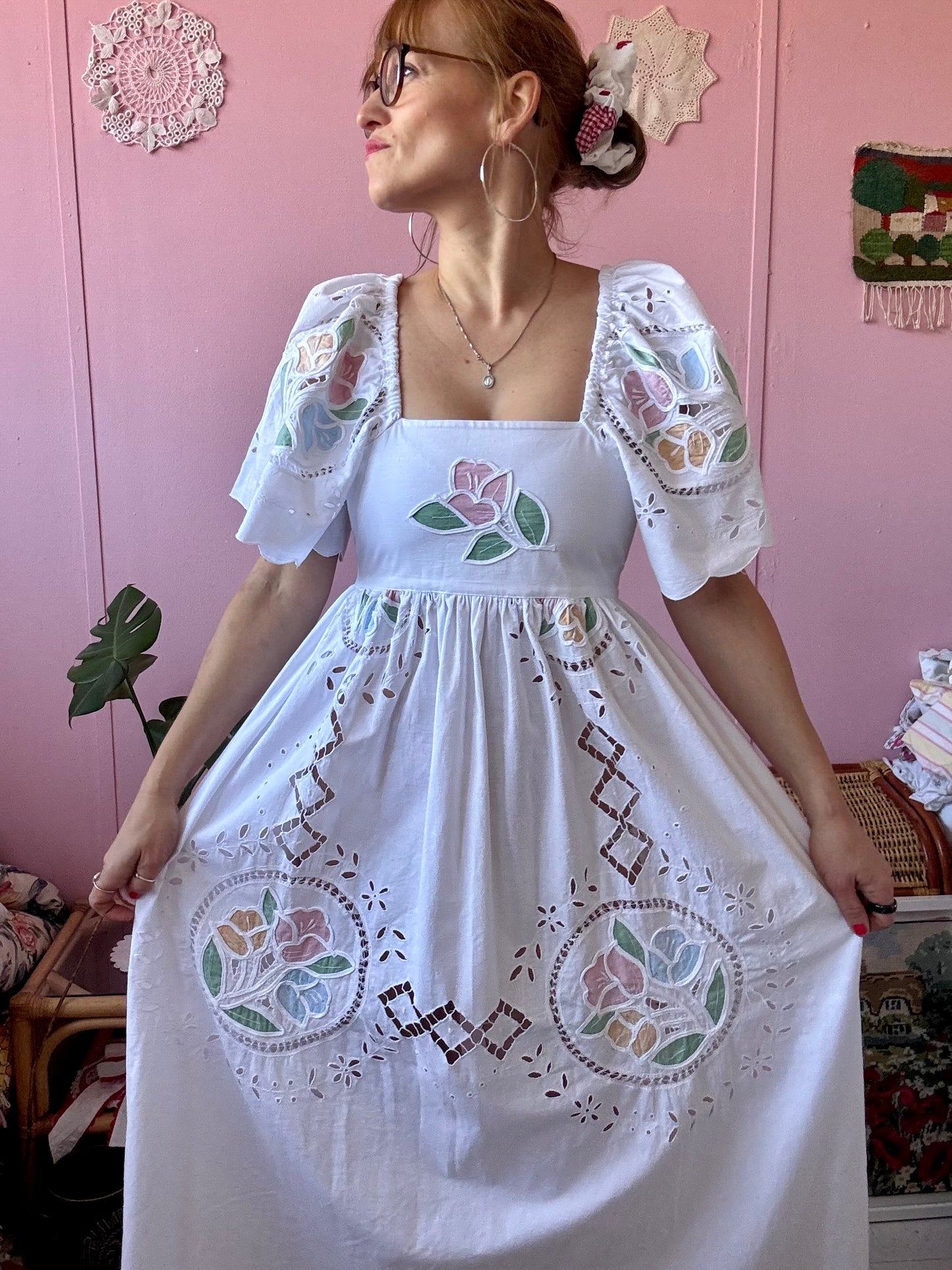 White maxi with pastel embroidery and cut out embroidery