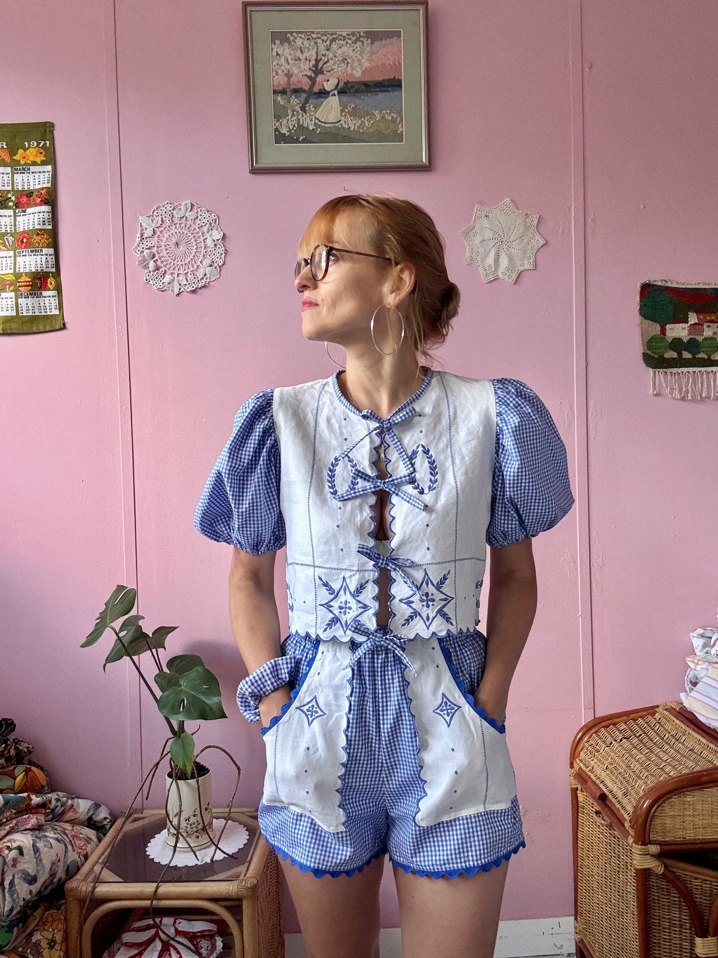 Embroidery and blue gingham shorts set