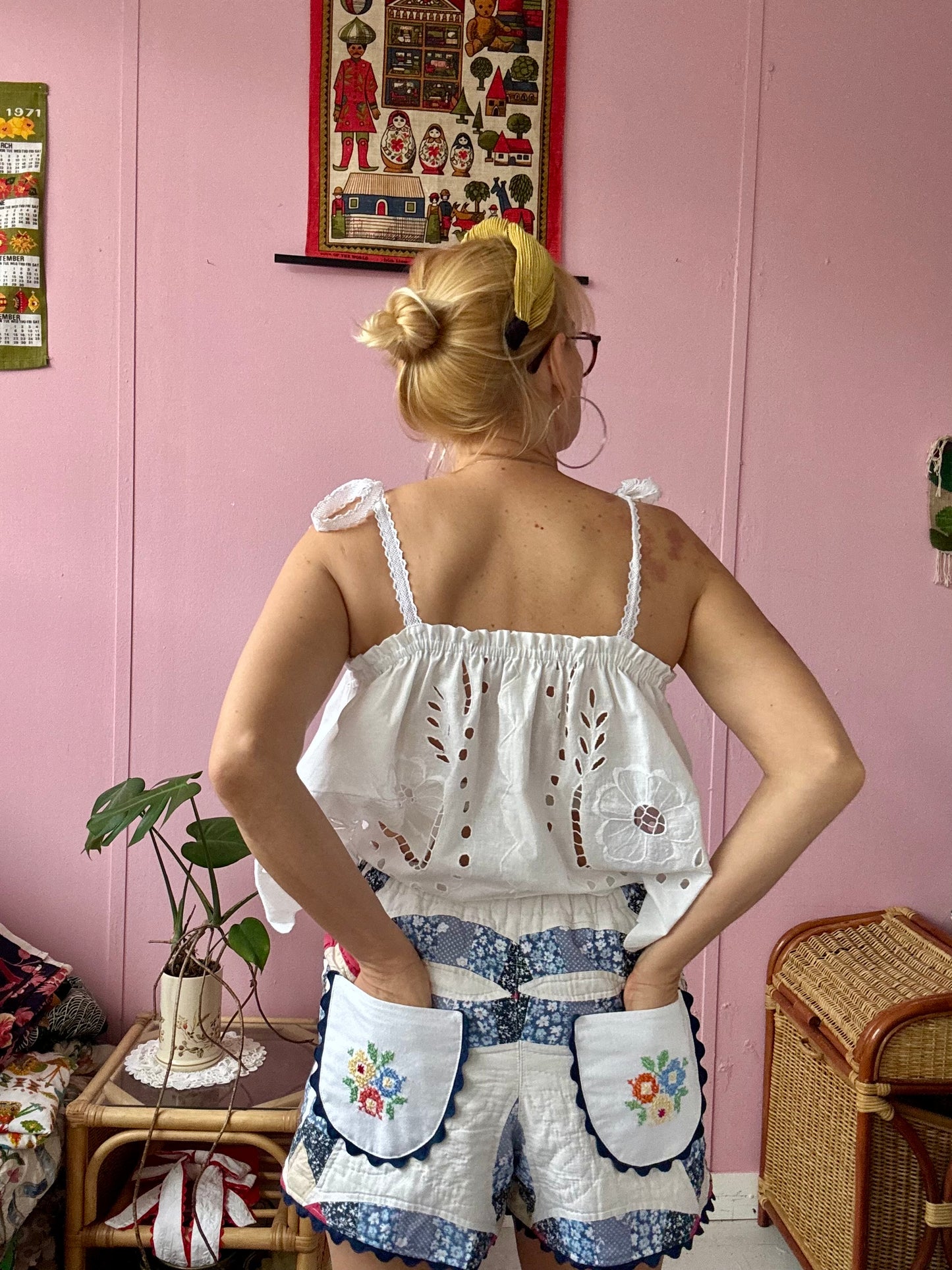 Patchwork shorts with back pockets