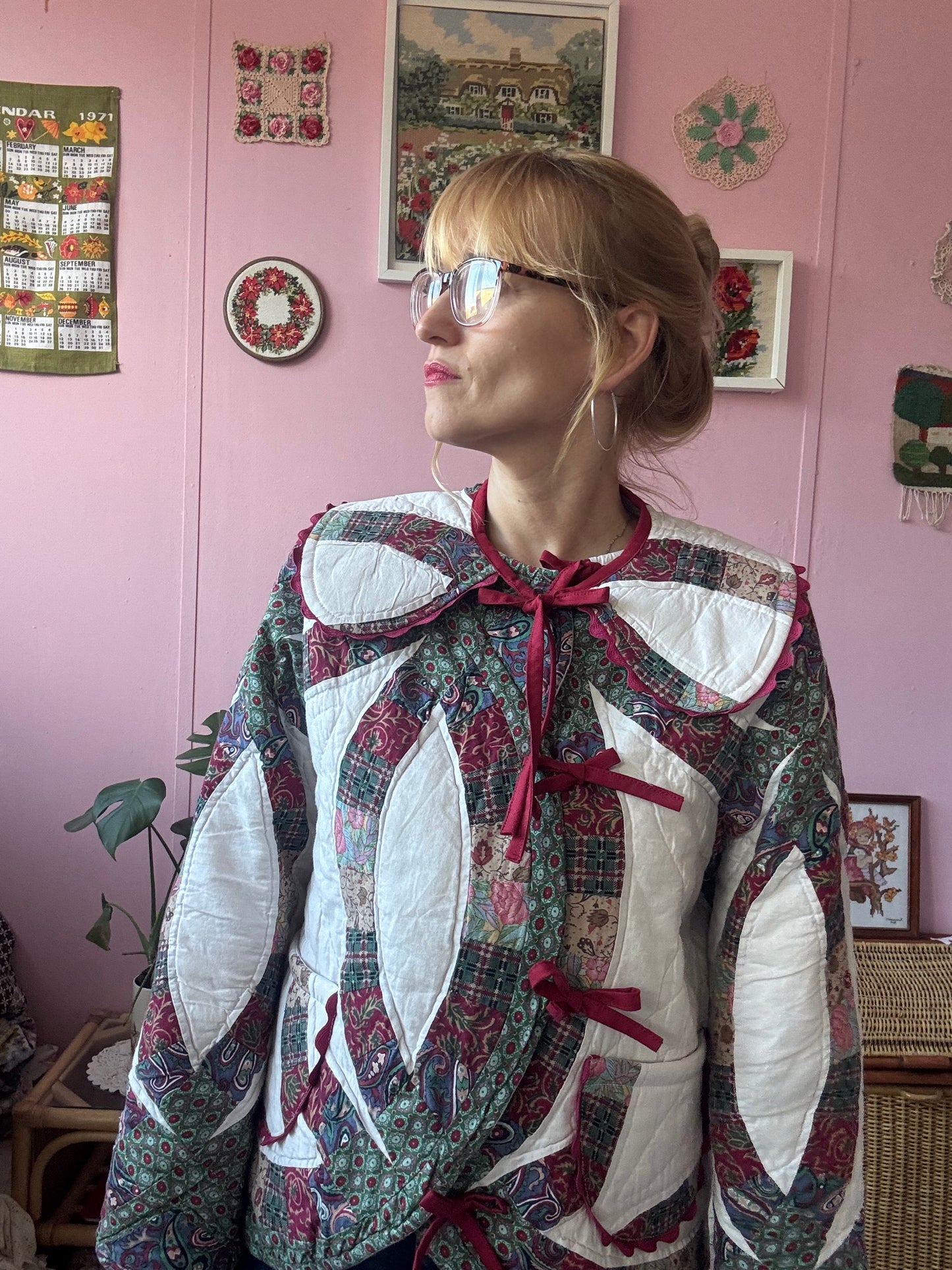 Patchwork jacket with burgundy ric rac and bows