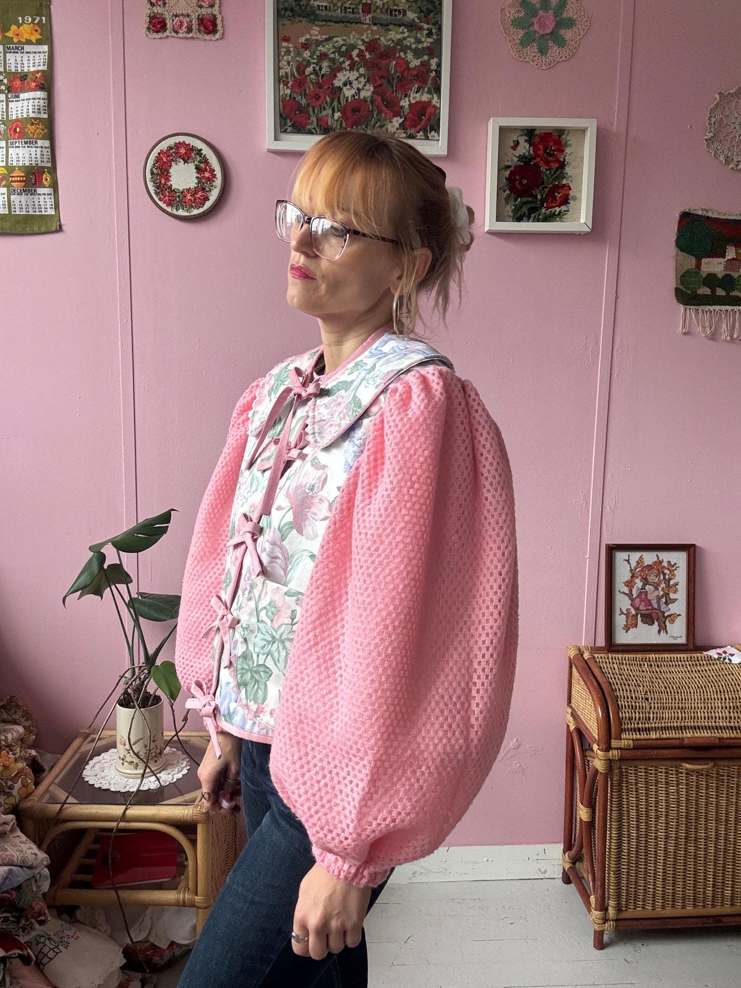Floral jacket with pink sleeves