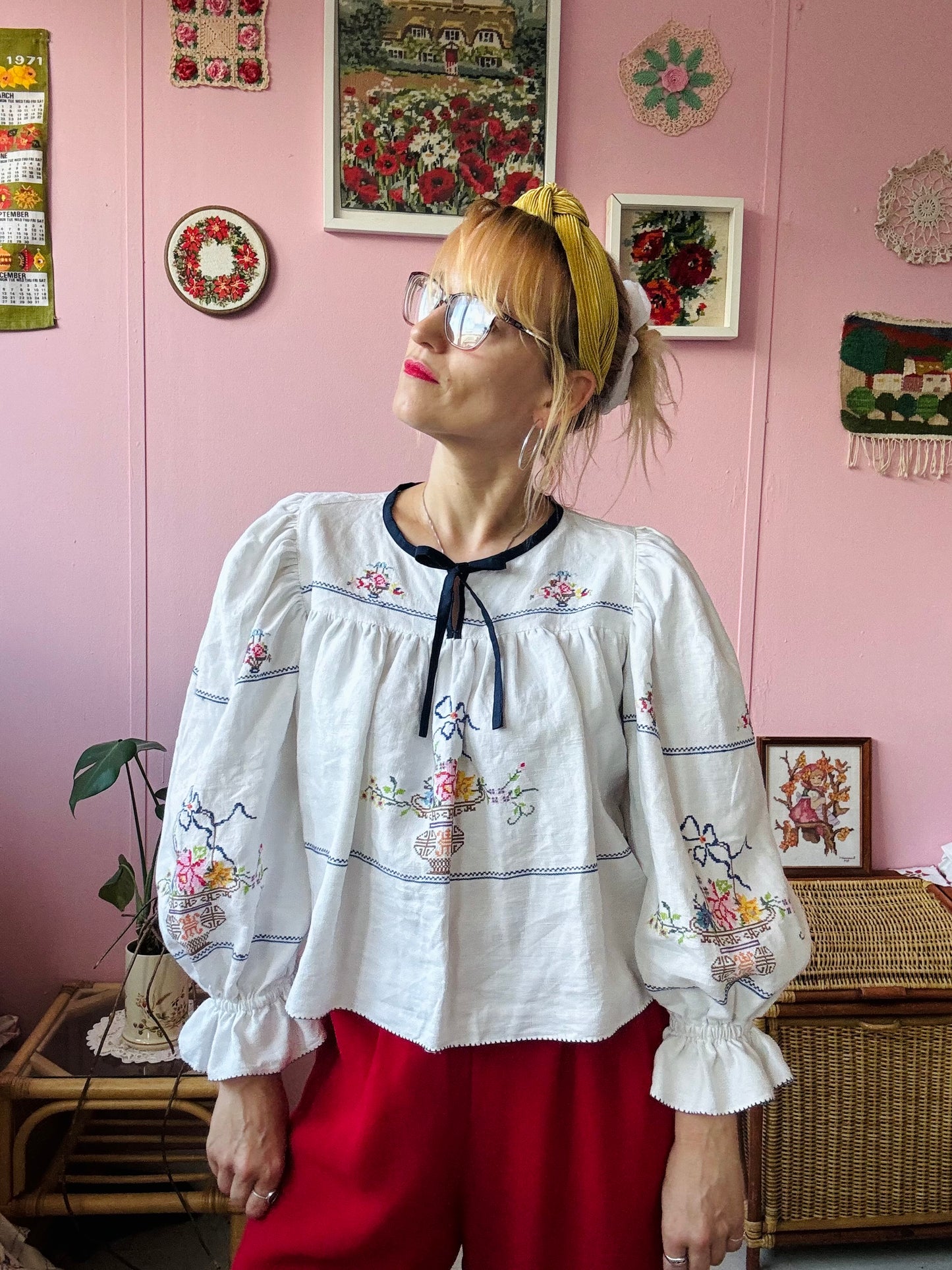 Linen blouse with cross stitching embroidery