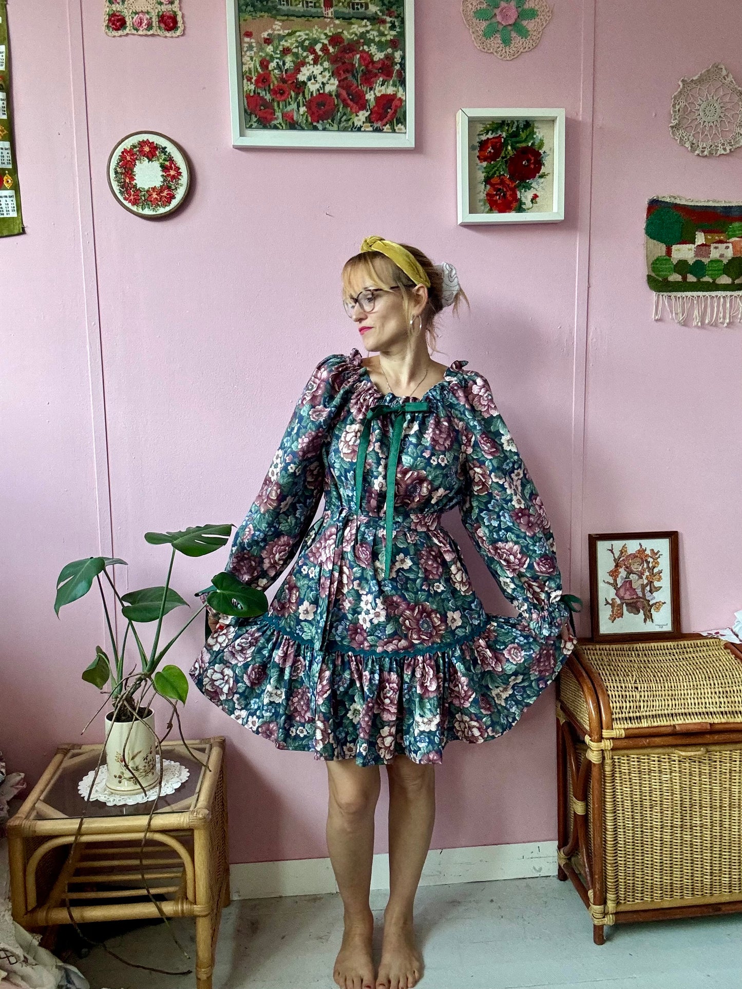 Navy floral dress with long sleeves