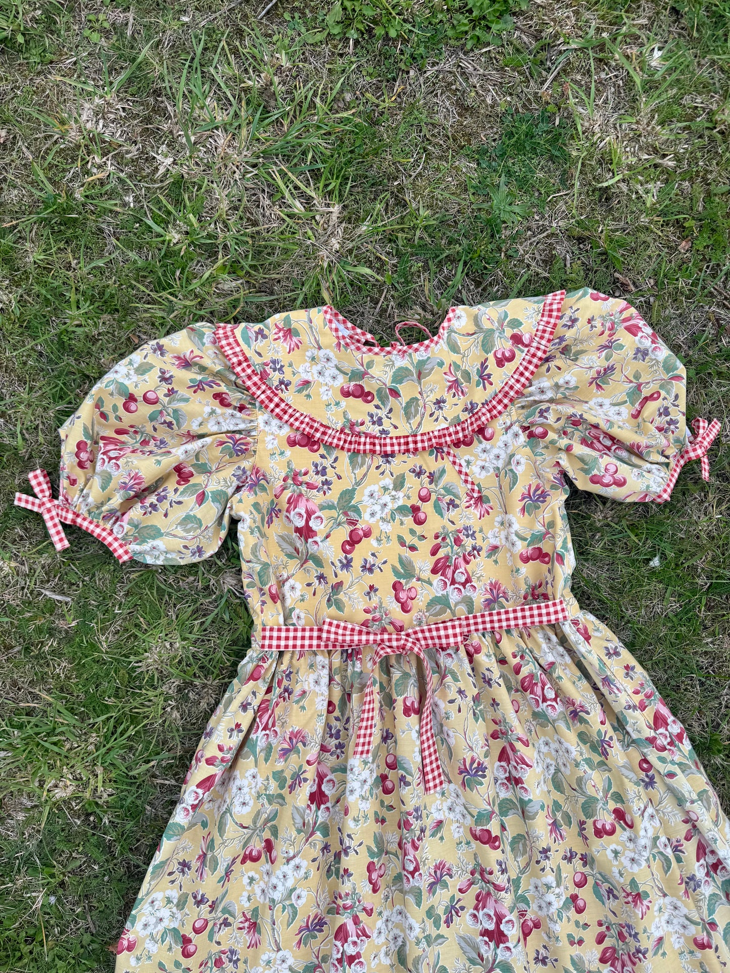 Yellow fruity and gingham dress