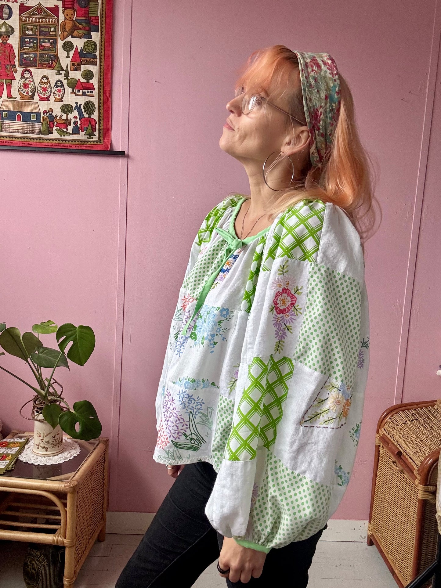 Green patchwork blouse with long sleeves