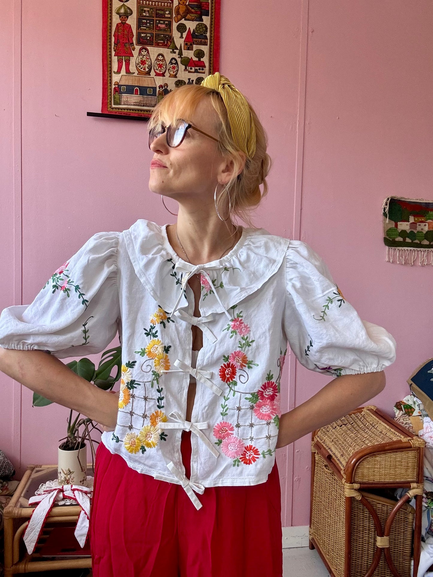 White floral blouse with neckline frill