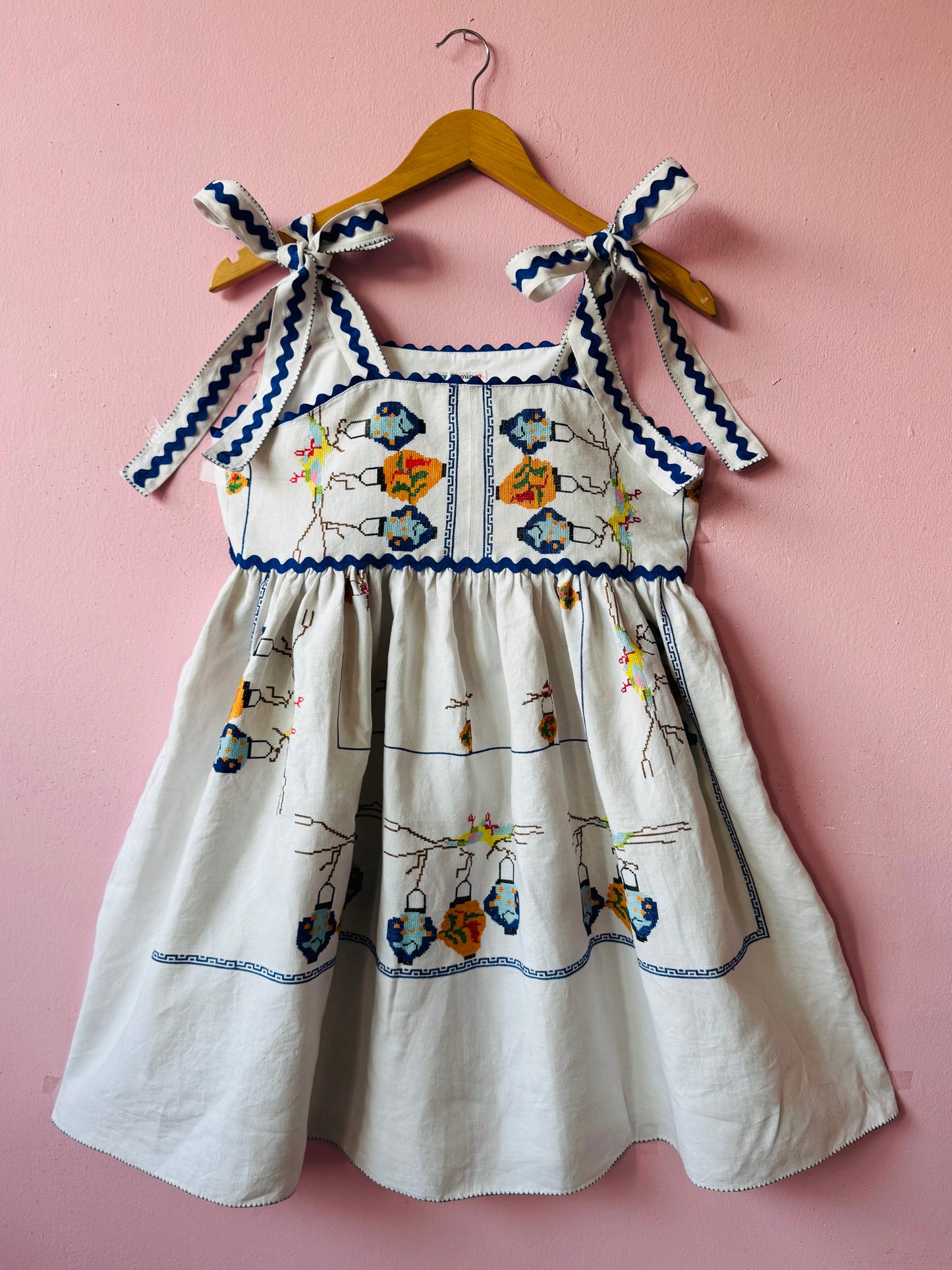 Linen mini dress with cross stitching