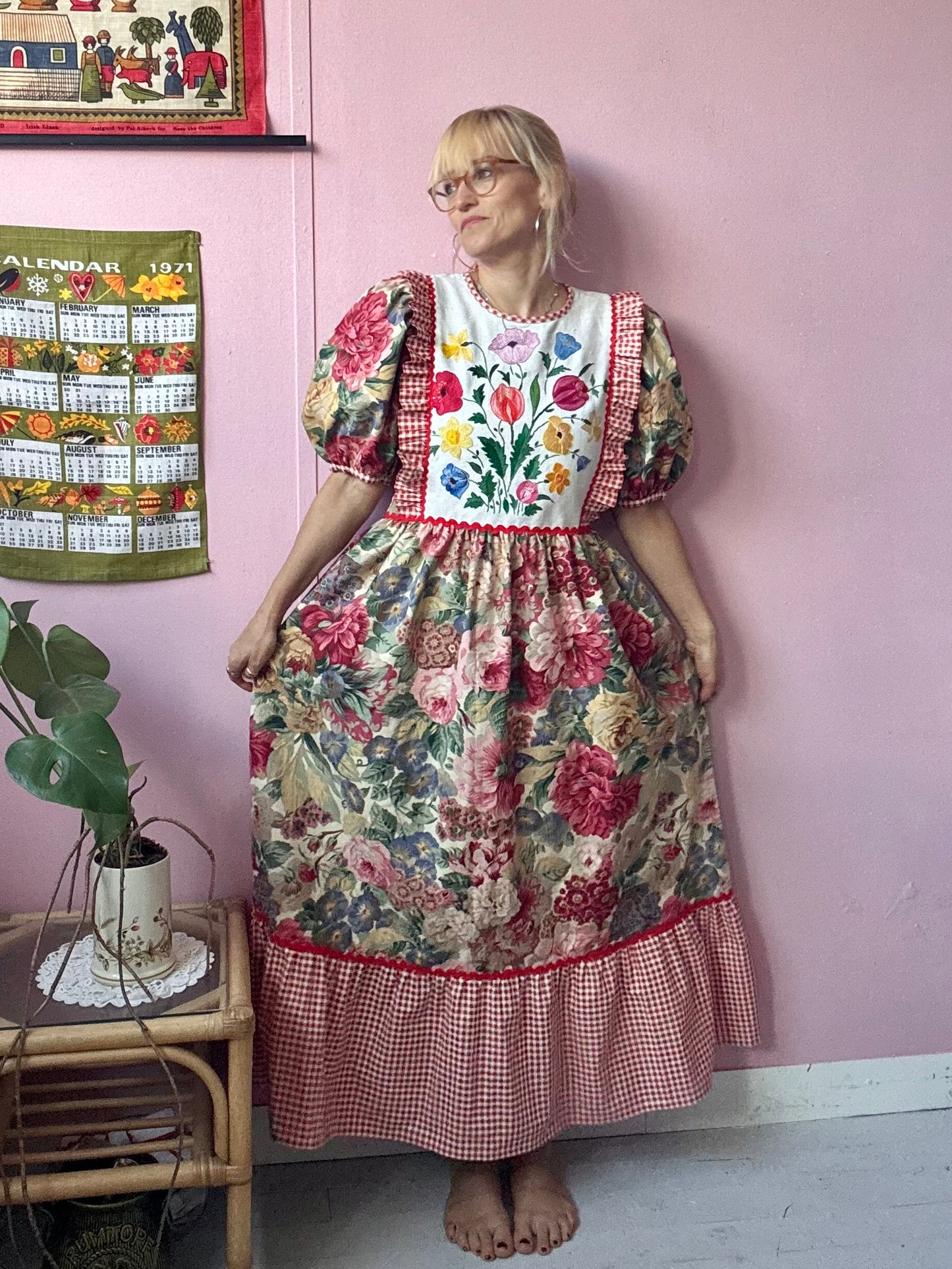 Sanderson print and gingham maxi dress