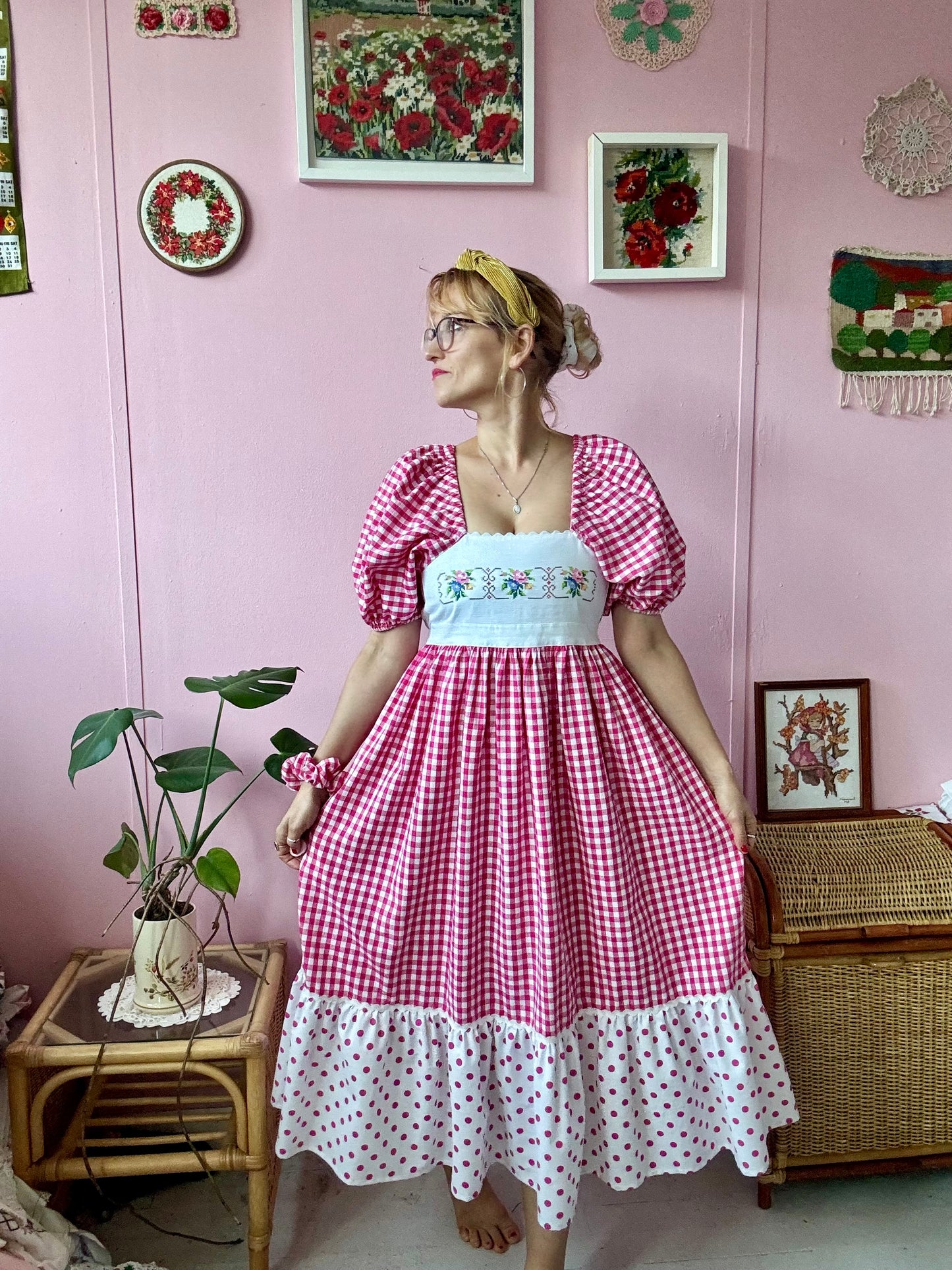 Pink gingham and embroidery dress