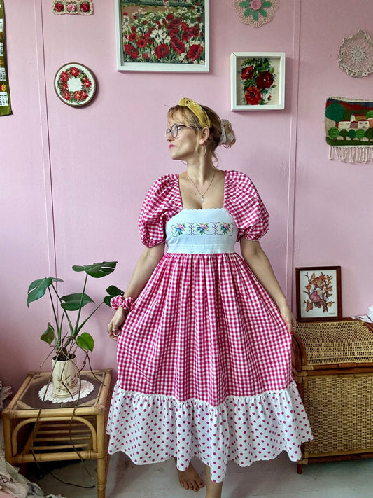 Pink gingham and embroidery dress