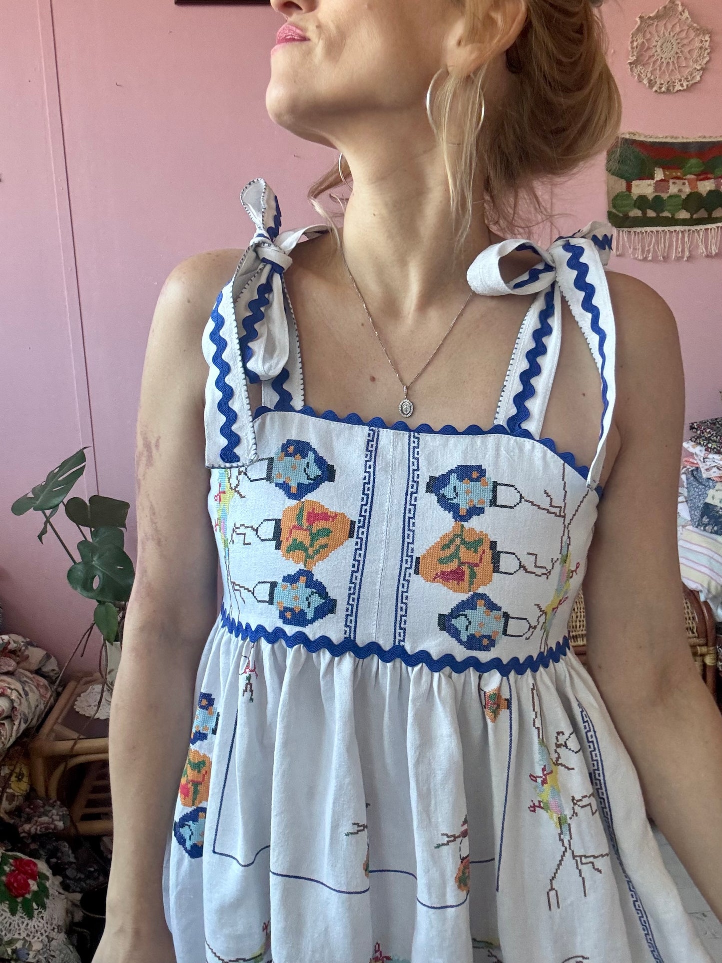Linen mini dress with cross stitching
