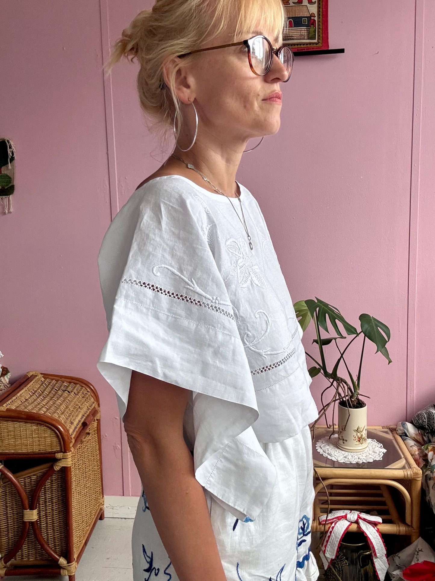 All white basic top with floral hand embroidery
