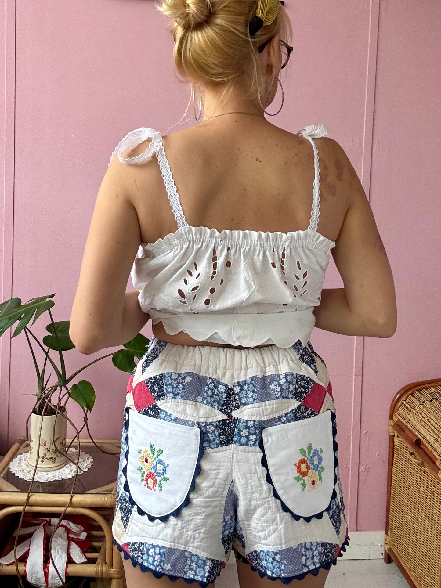 Patchwork shorts with back pockets