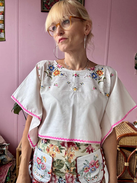 Cross stitch and pink ric rac basic top