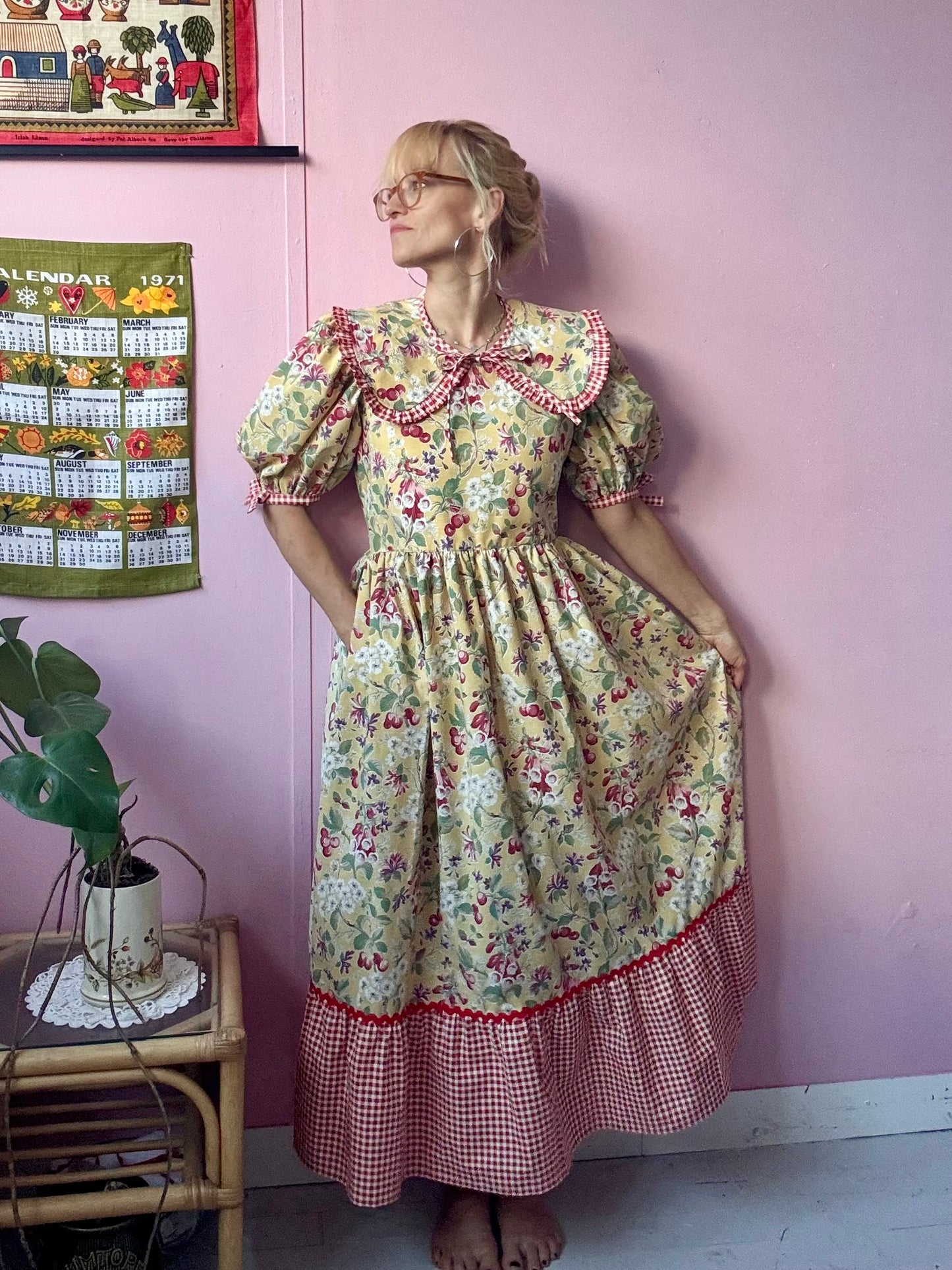 Yellow fruity and gingham dress
