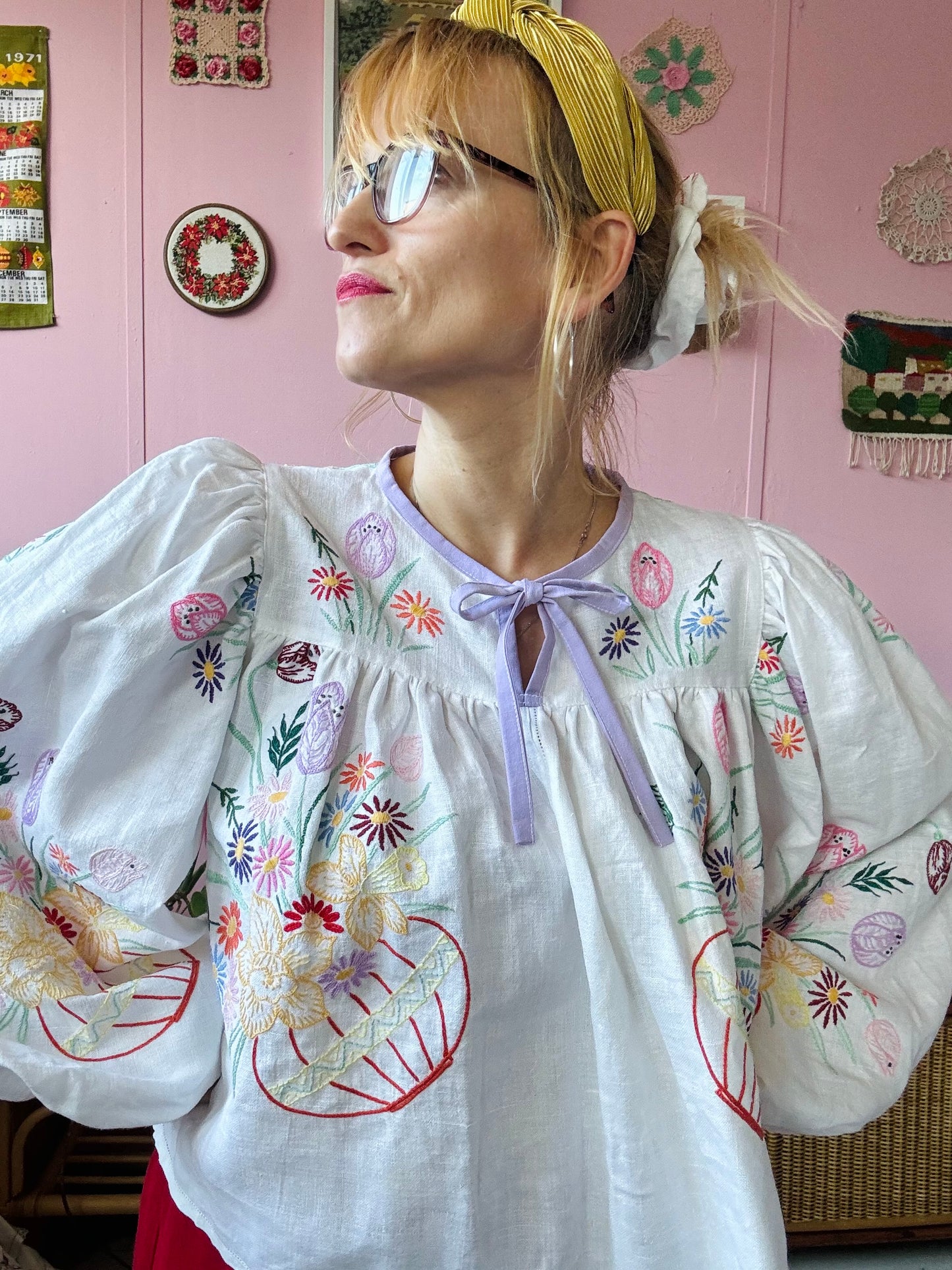 White linen blouse with baskets embroidery and lilac binding