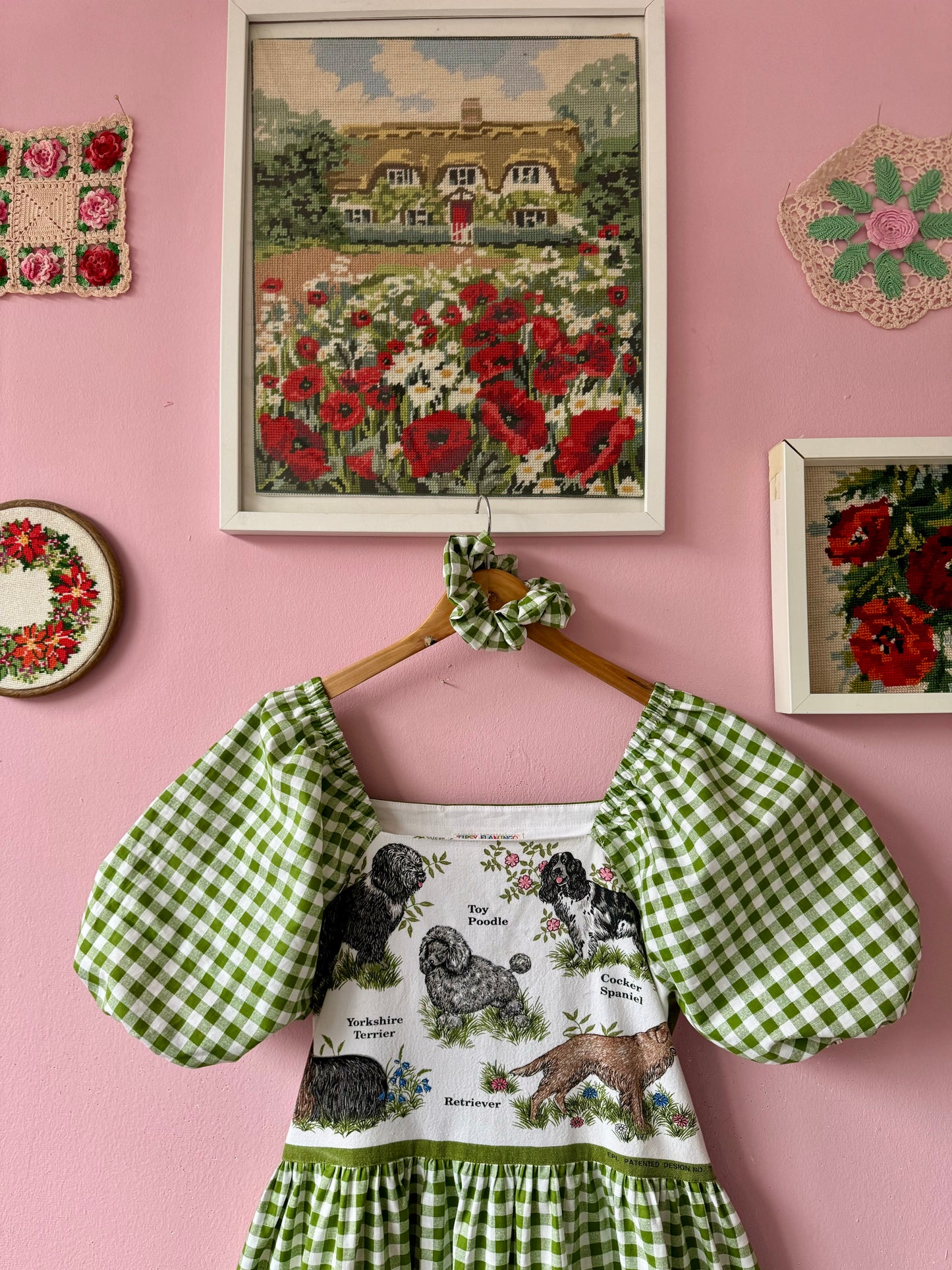 Teatowel with dogs and green gingham maxi dress