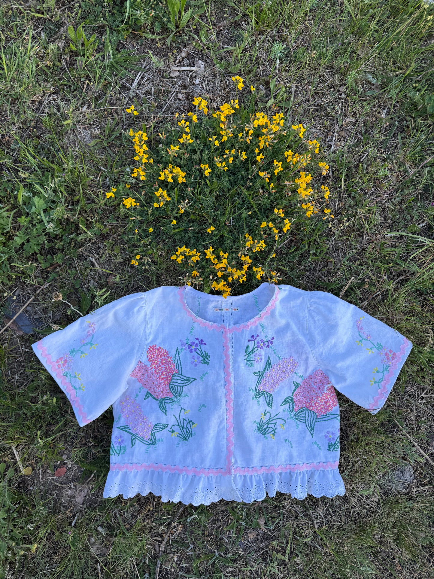 Floral blouse with pink ric rac