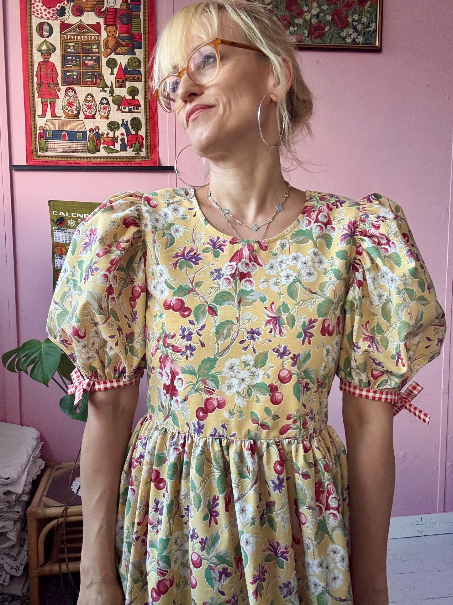 Yellow fruity and gingham dress