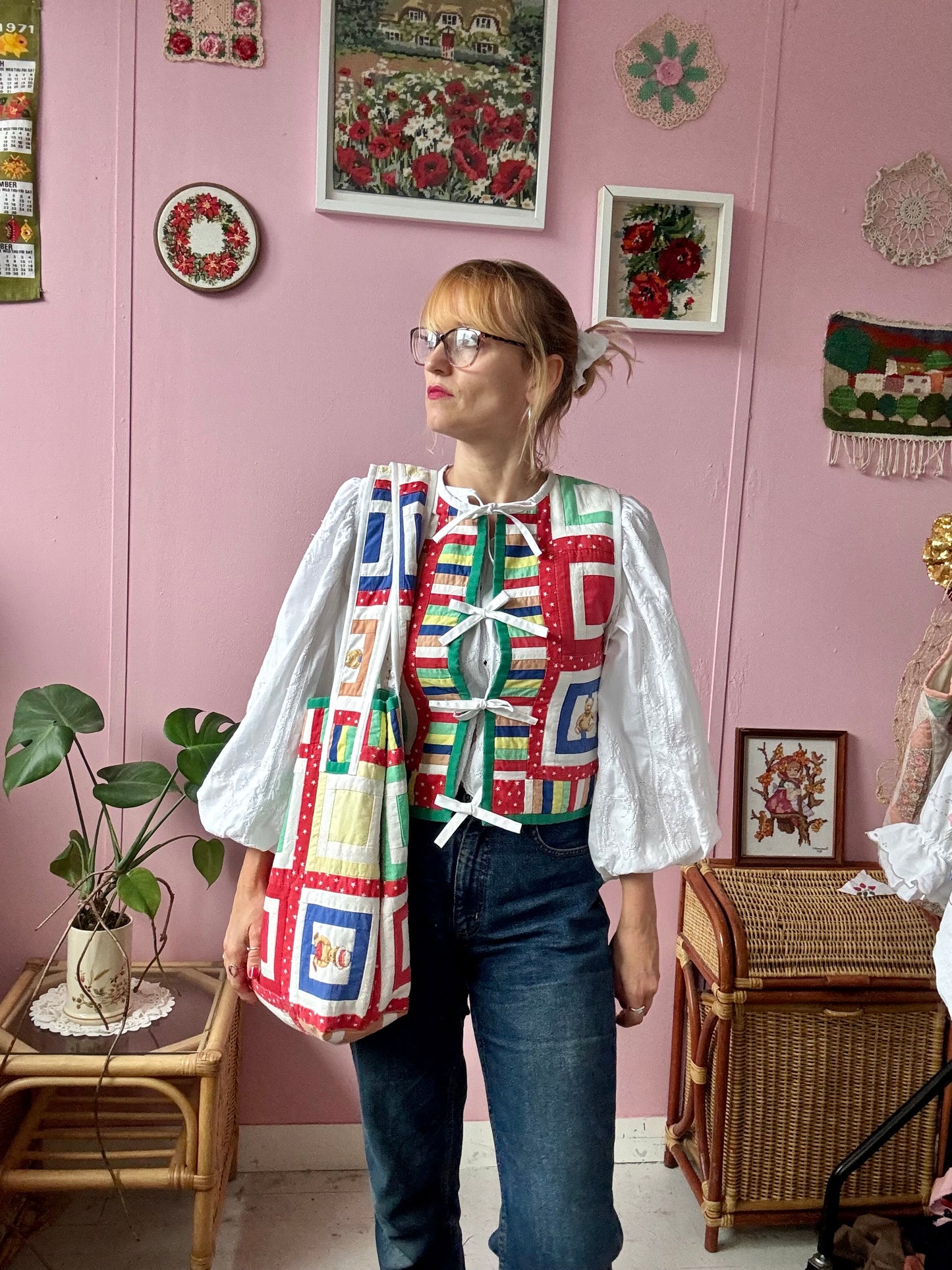 Patchwork with bear ls tote bag