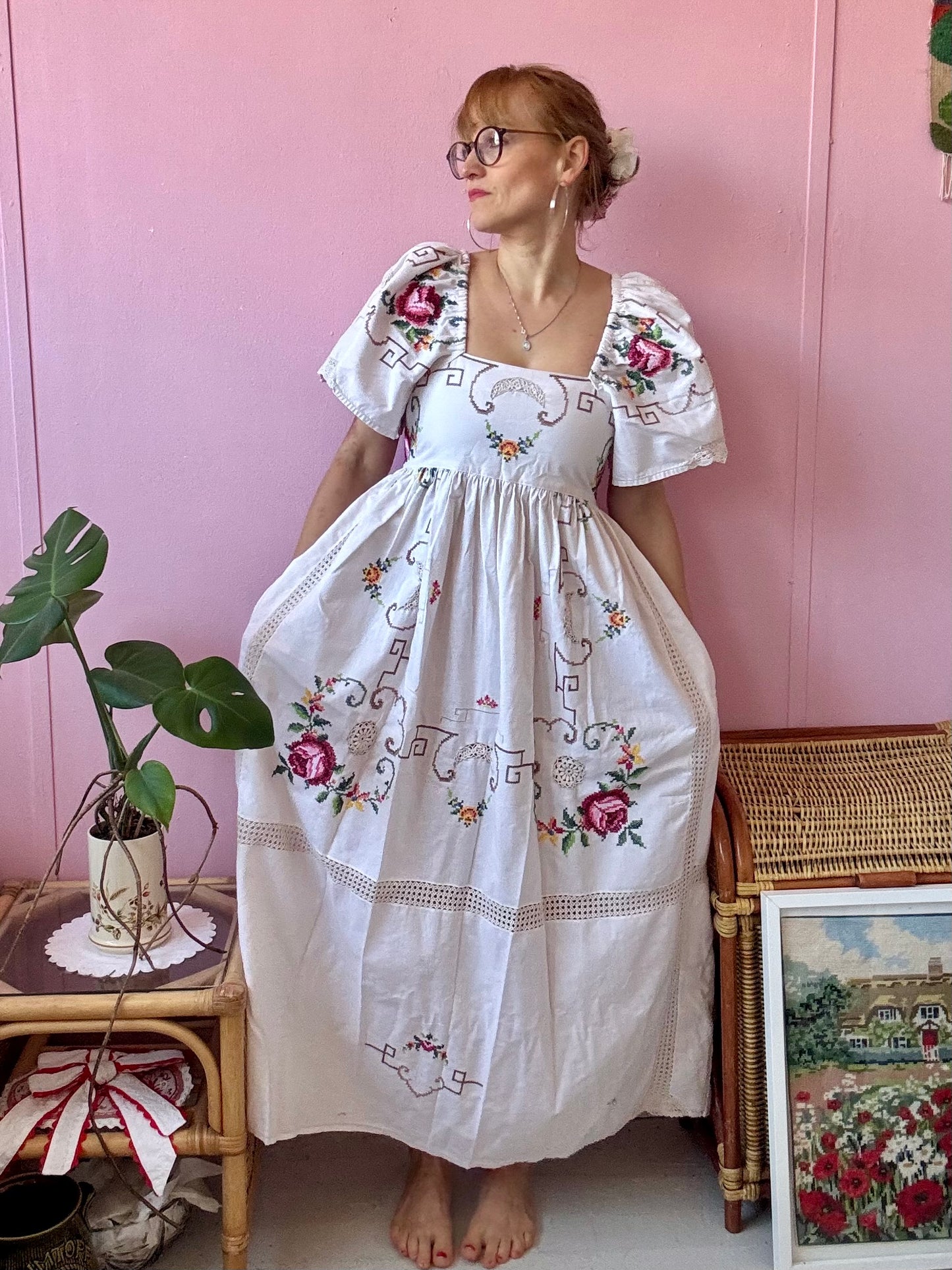 Cream maxi dress with roses and lace
