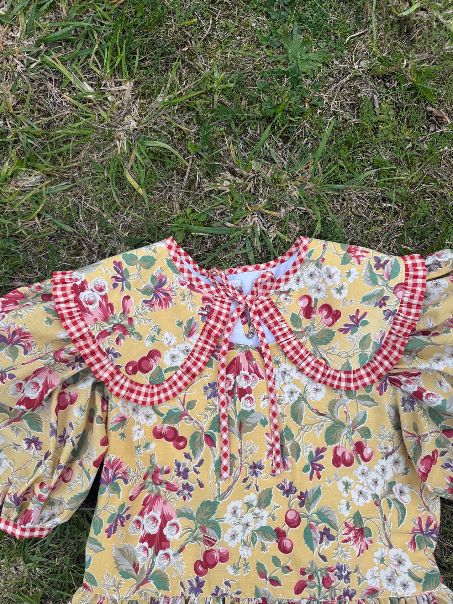 Yellow fruity and gingham dress