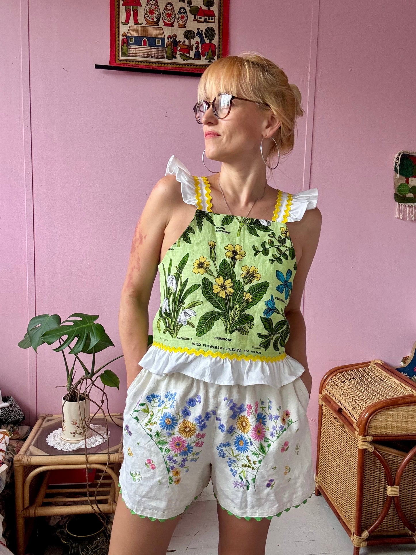 Floral shorts with green ric rac