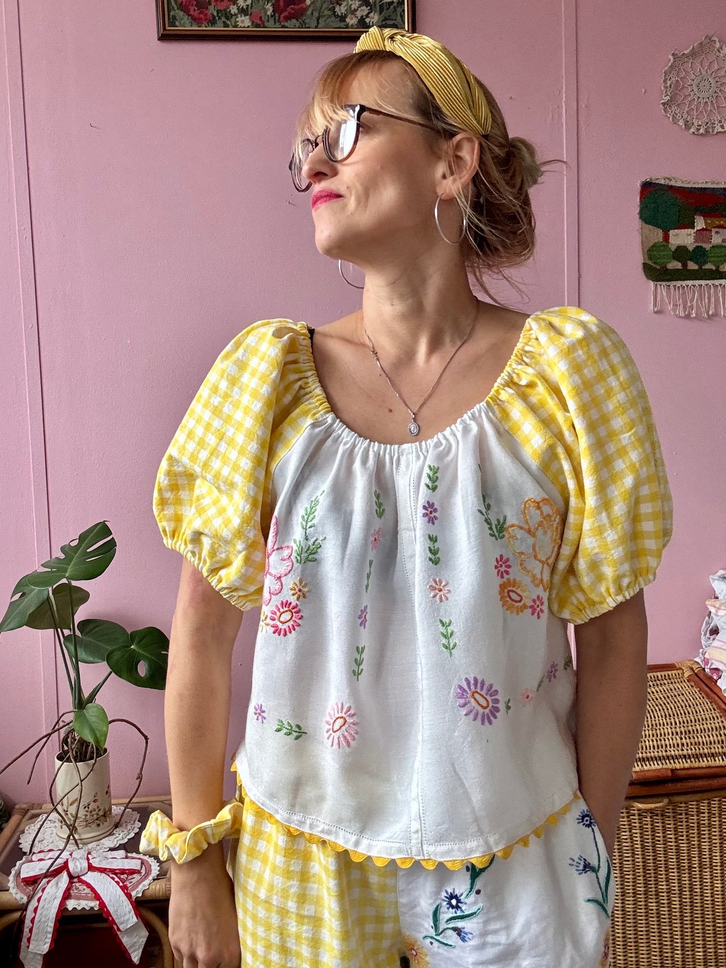 Yellow gingham and floral top