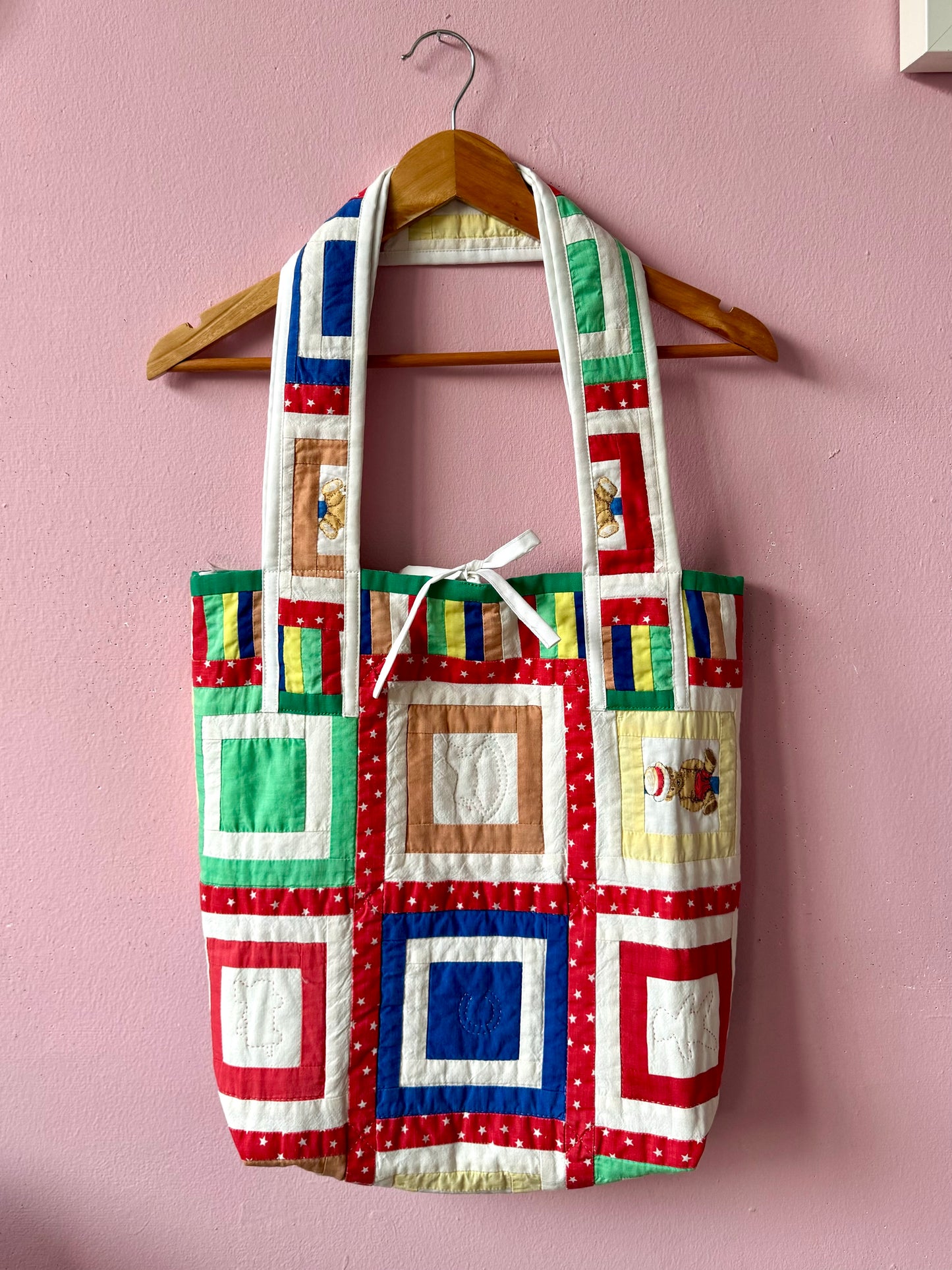 Patchwork with bear ls tote bag