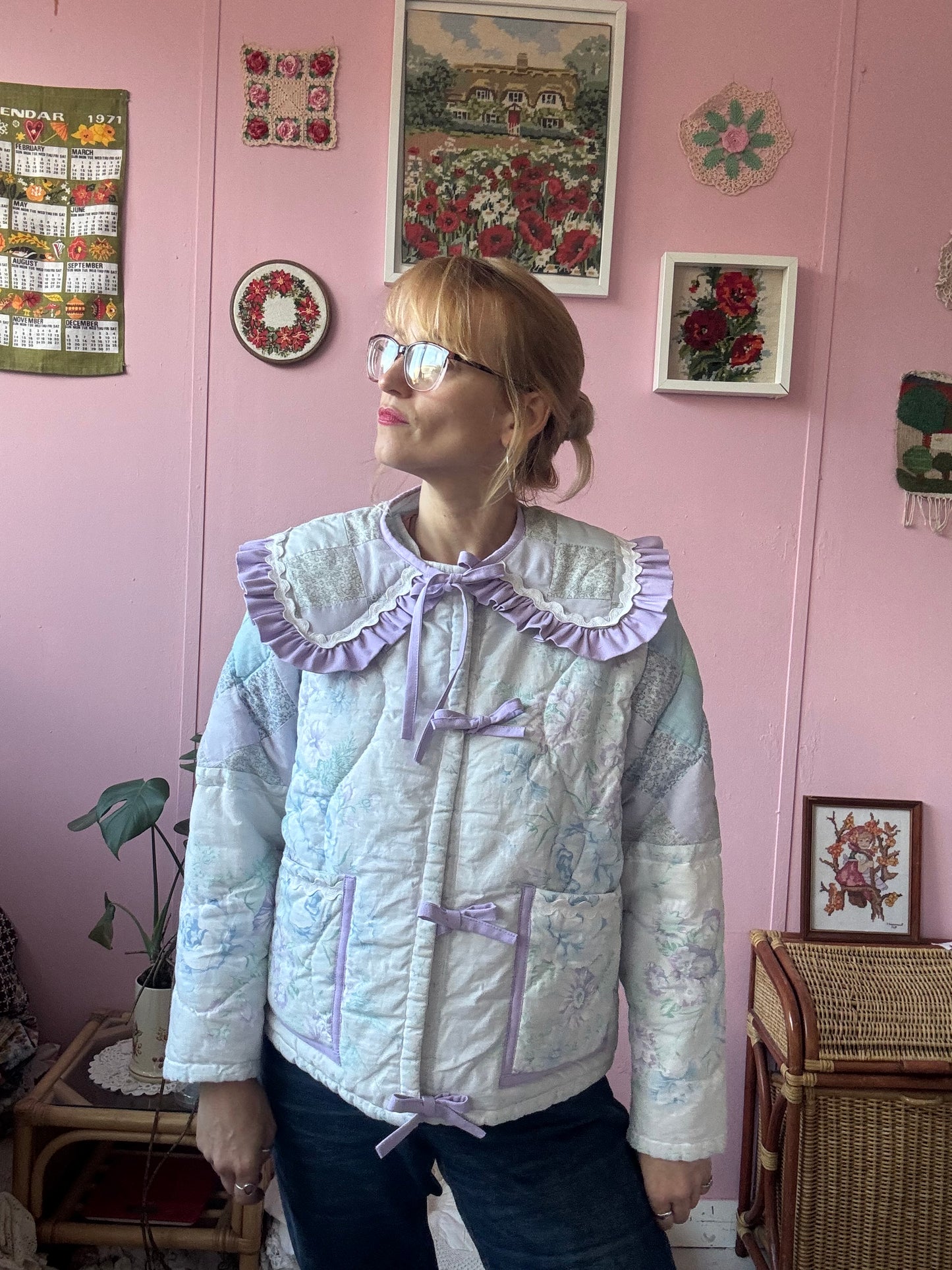 Light pastel patchwork jacket with lilac trims