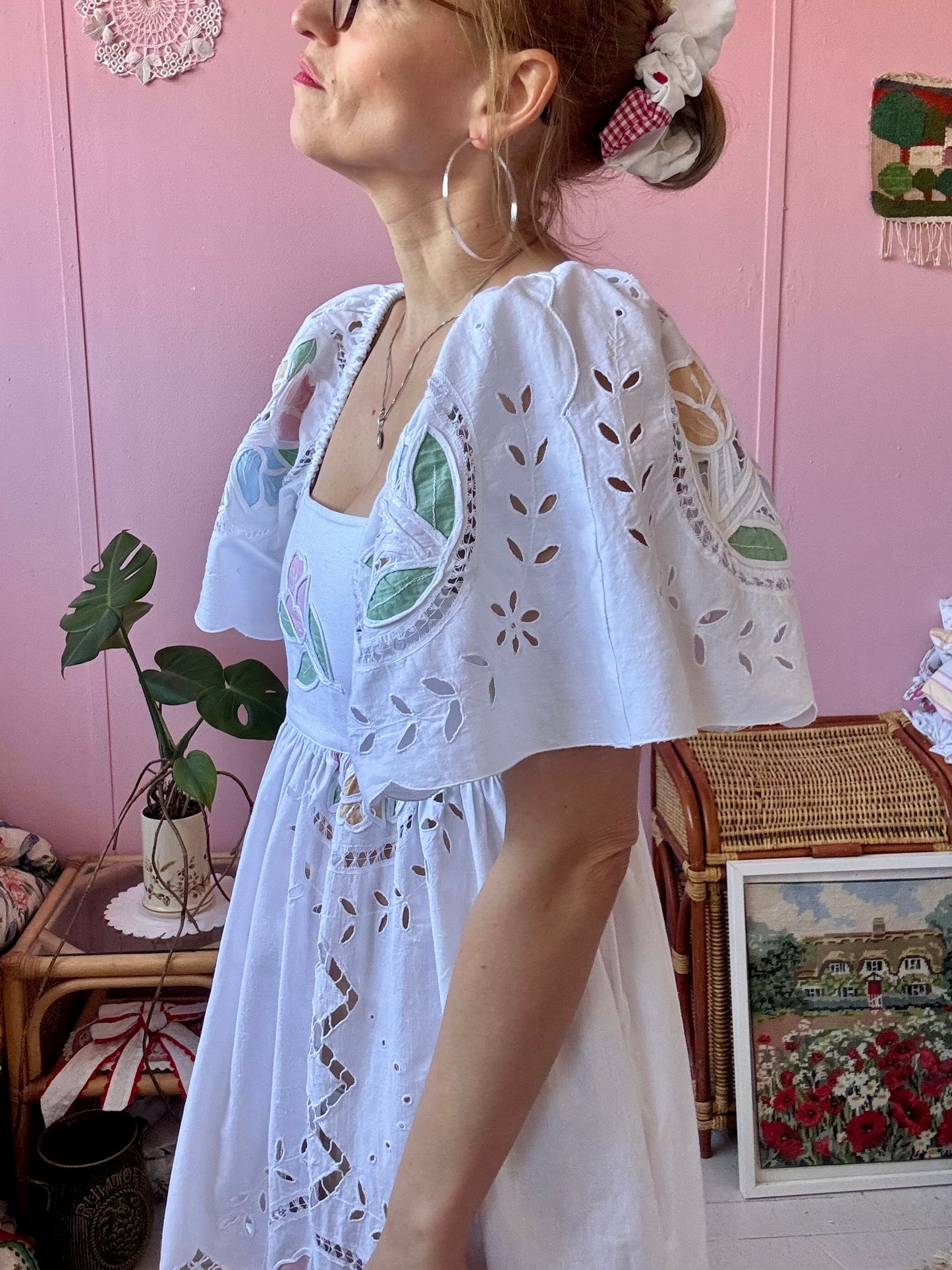 White maxi with pastel embroidery and cut out embroidery
