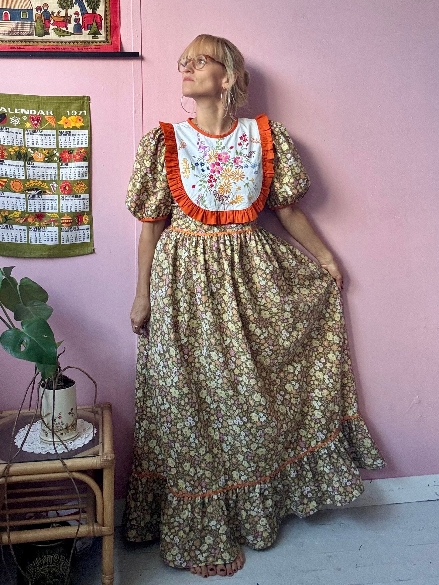 Floral maxi dress with orange frill