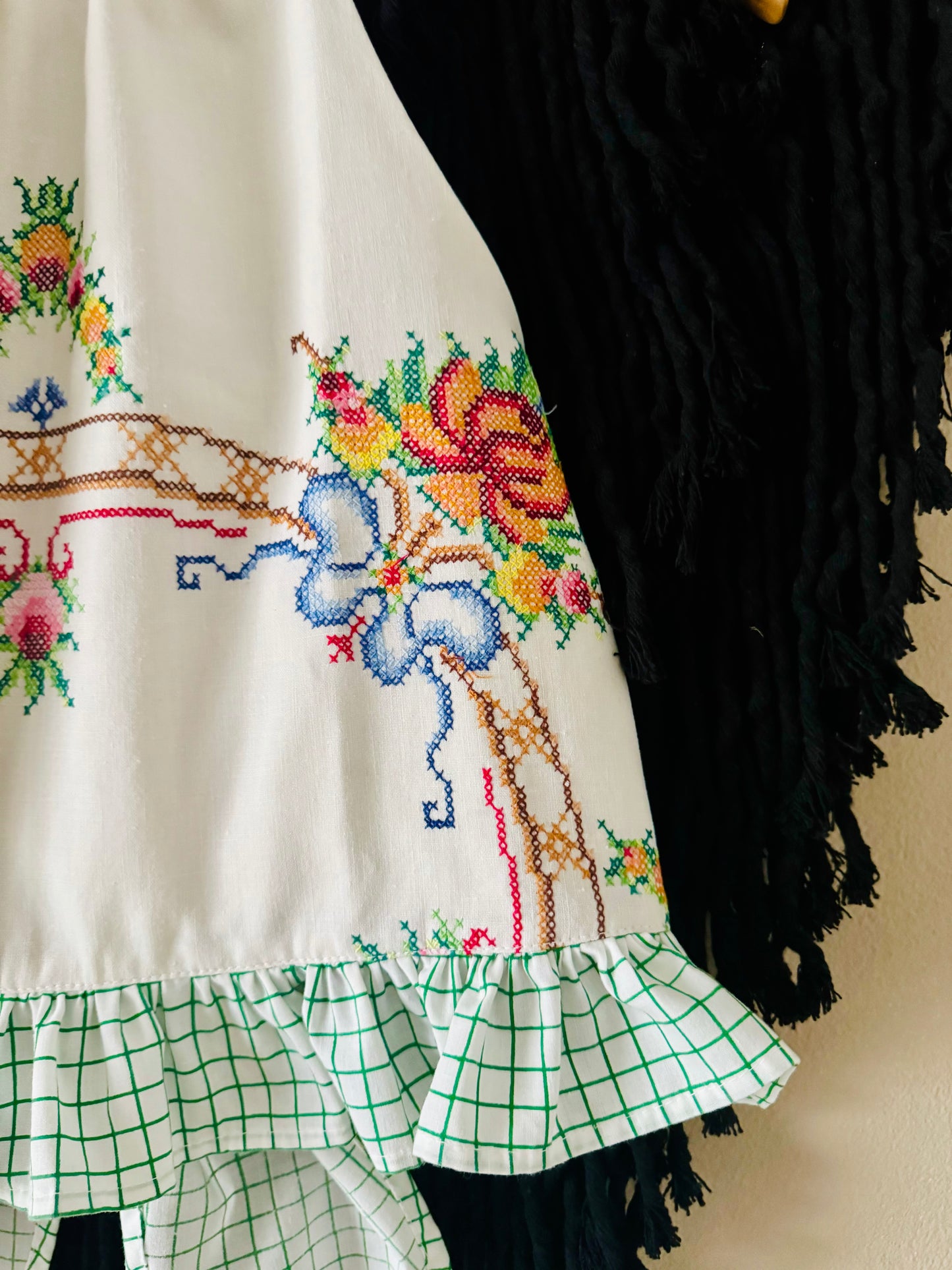 Cross stitch halter neck with green check back ties and frill