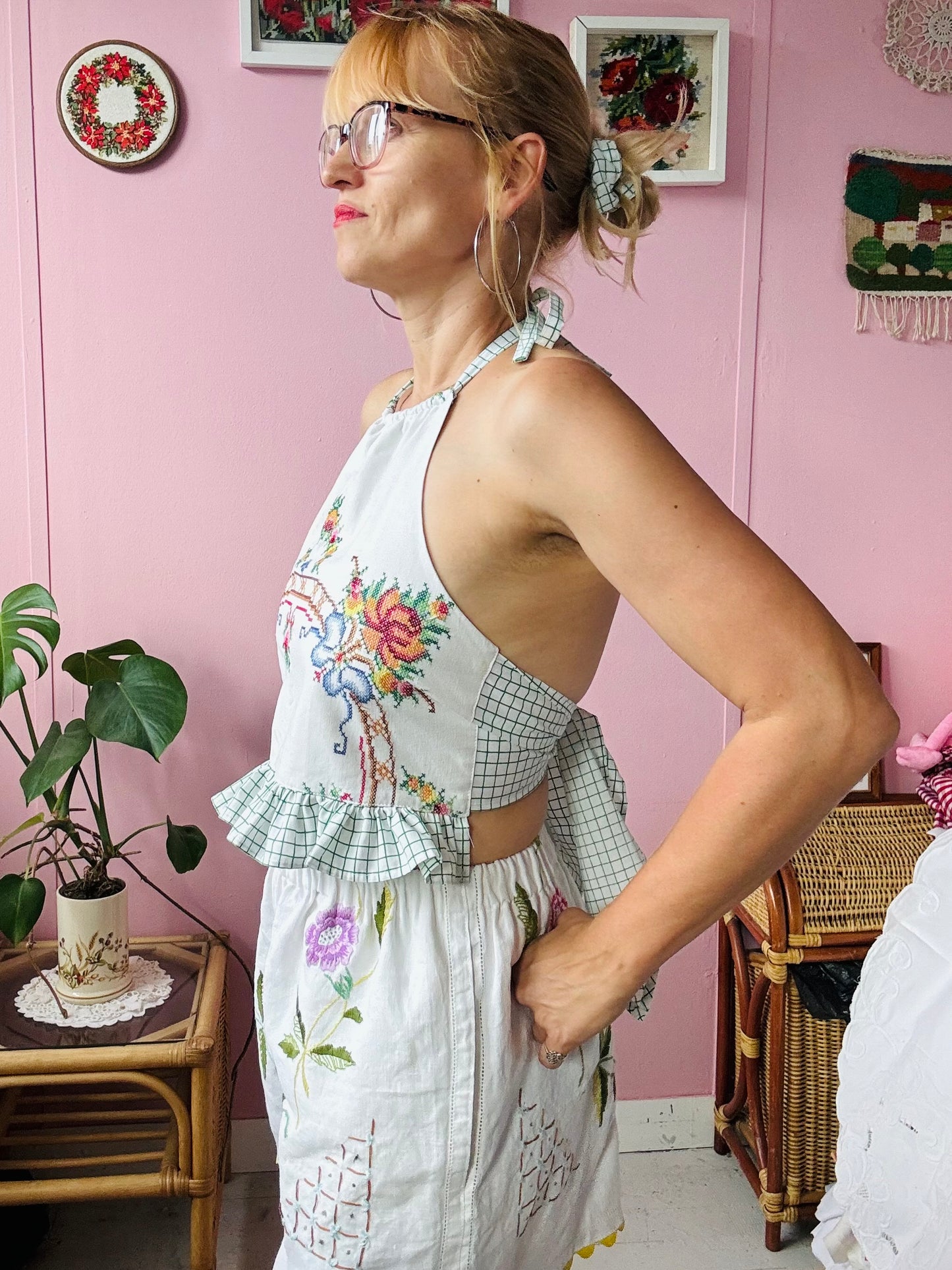 Cross stitch halter neck with green check back ties and frill