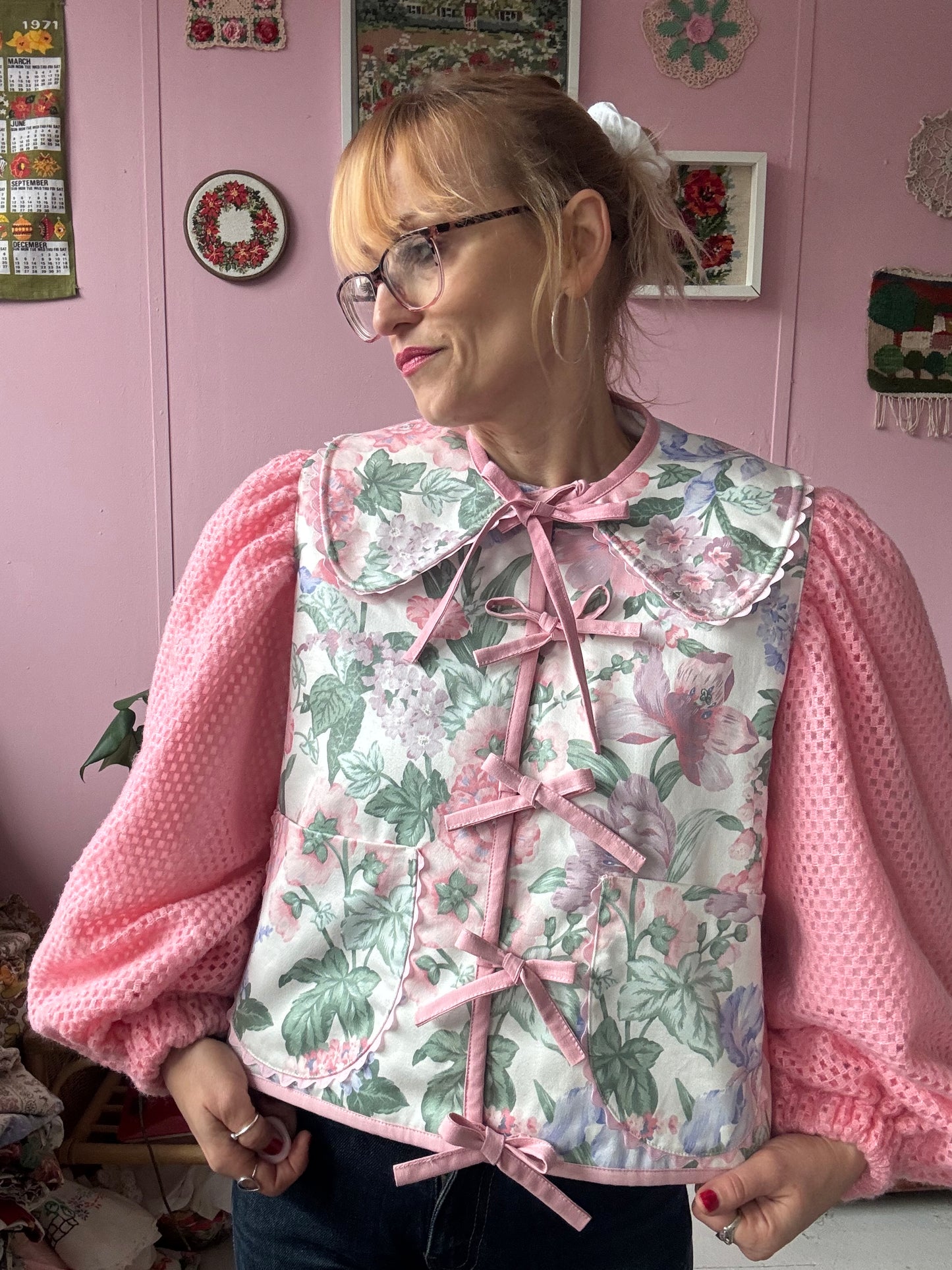 Floral jacket with pink sleeves
