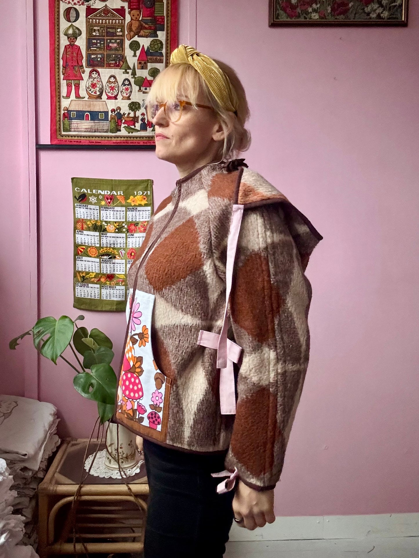 Brown wool blanket jacket with detachable hood