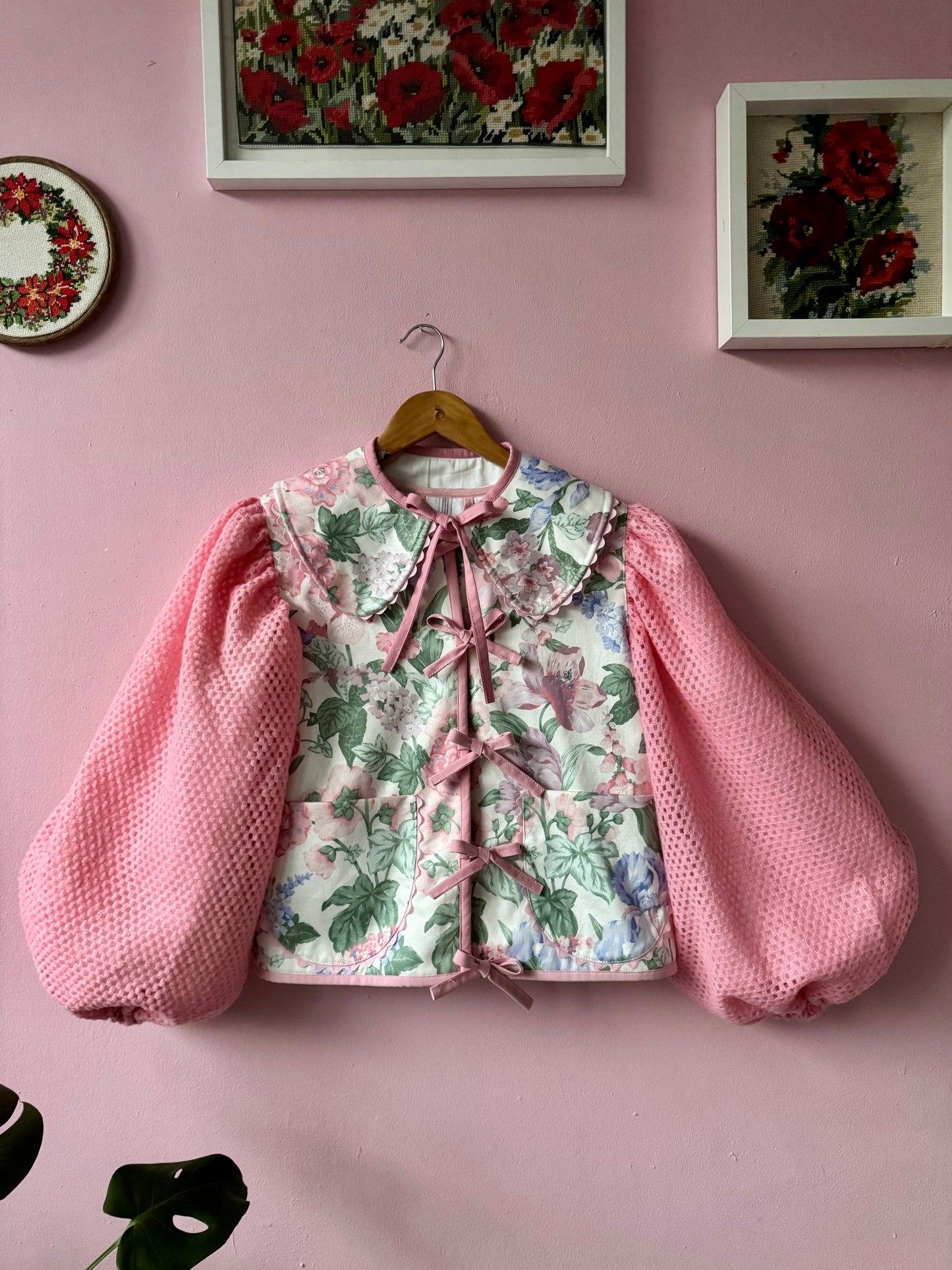 Floral jacket with pink sleeves
