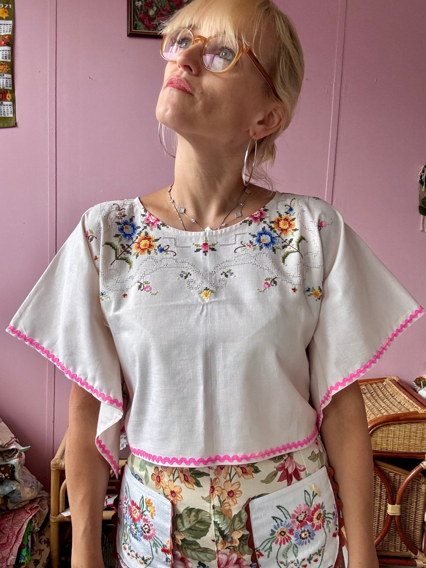 Cross stitch and pink ric rac basic top