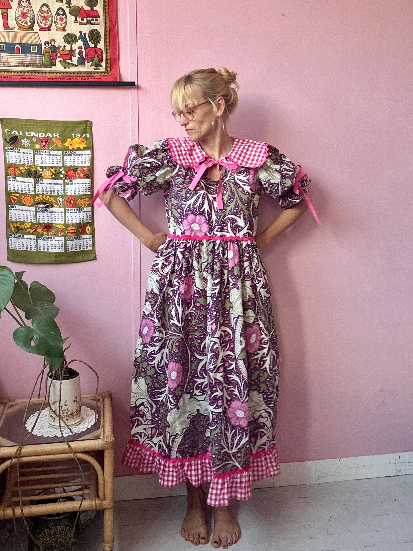 William Morris and cerise gingham dress
