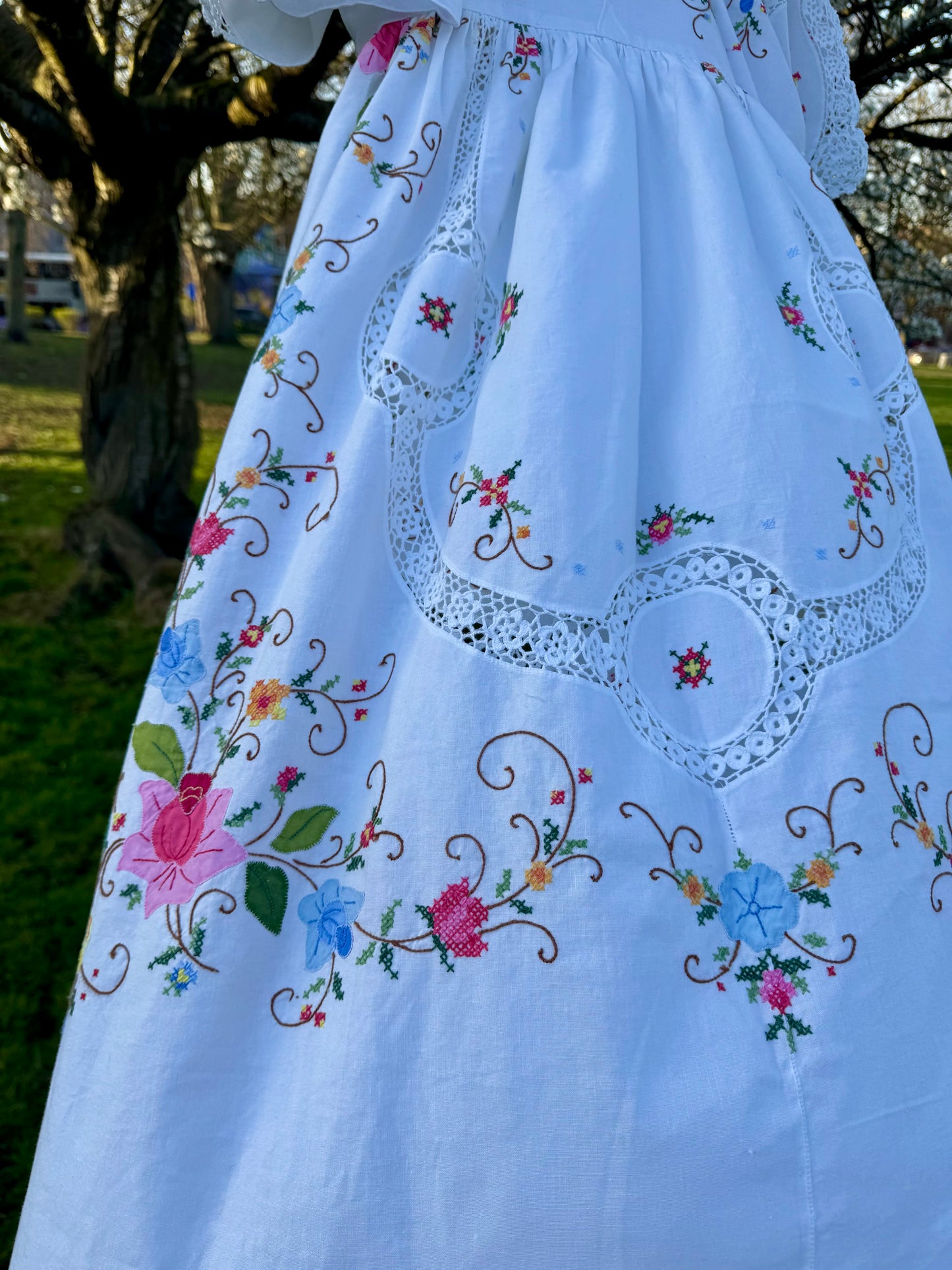 White maxi dress with appliqué,embroidery and lace panels