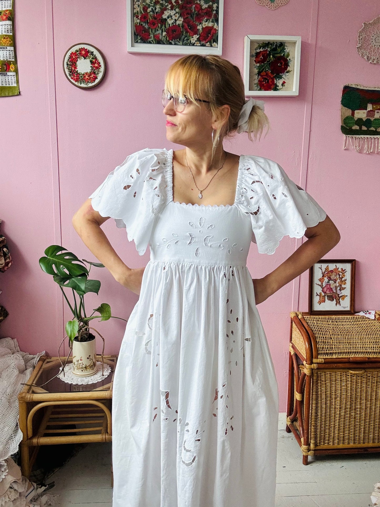 All white maxi dress with cut out embroidery