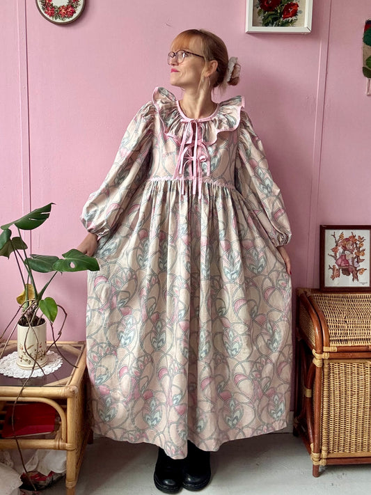 Peach/pink and silver maxi dress with long sleeves