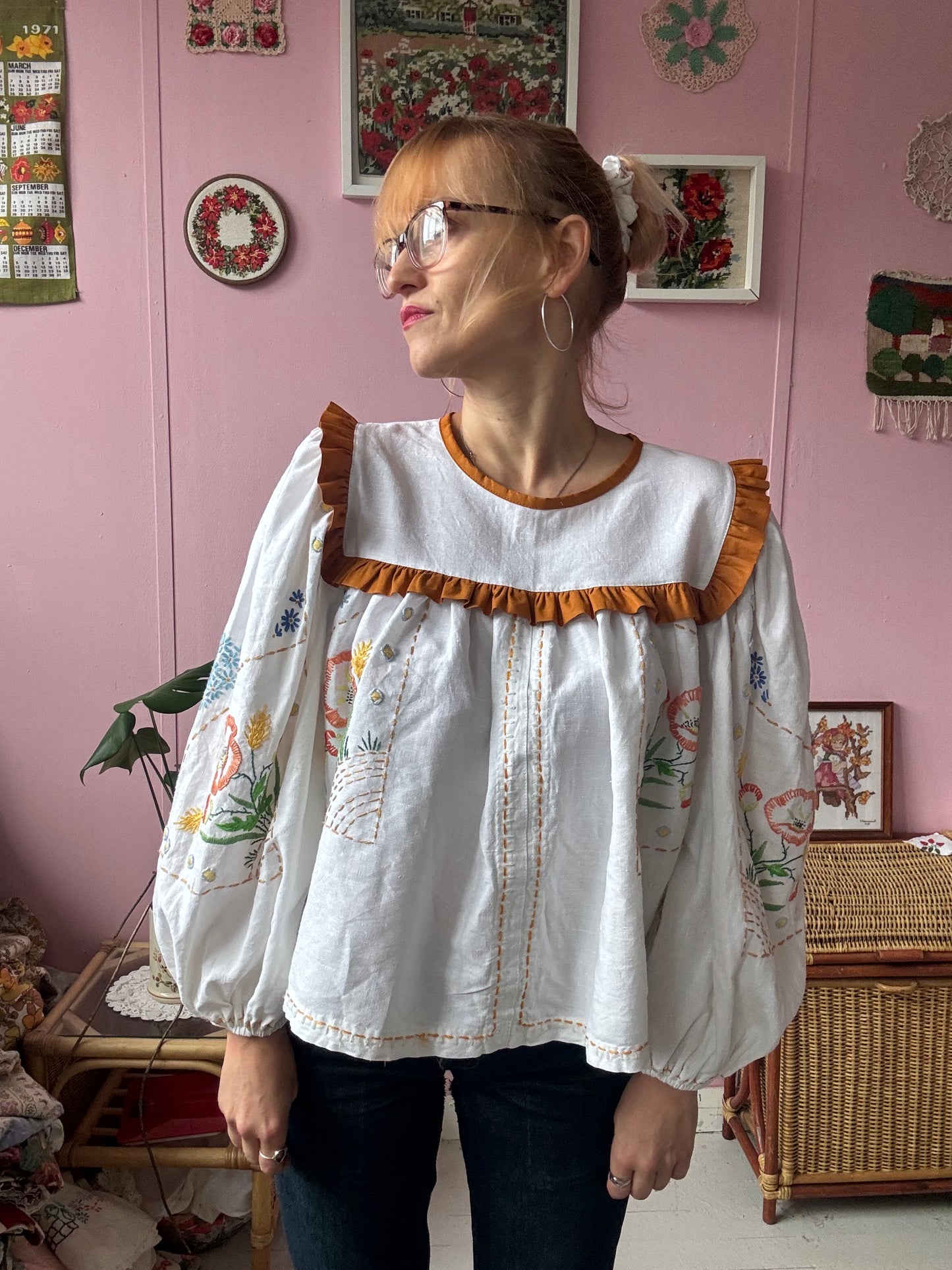 White linen blouse with hand embroidery