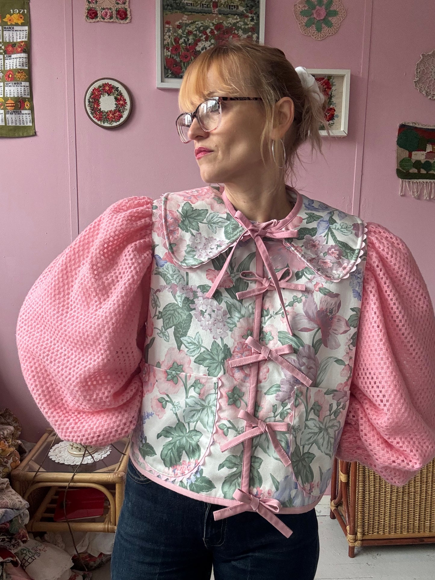 Floral jacket with pink sleeves