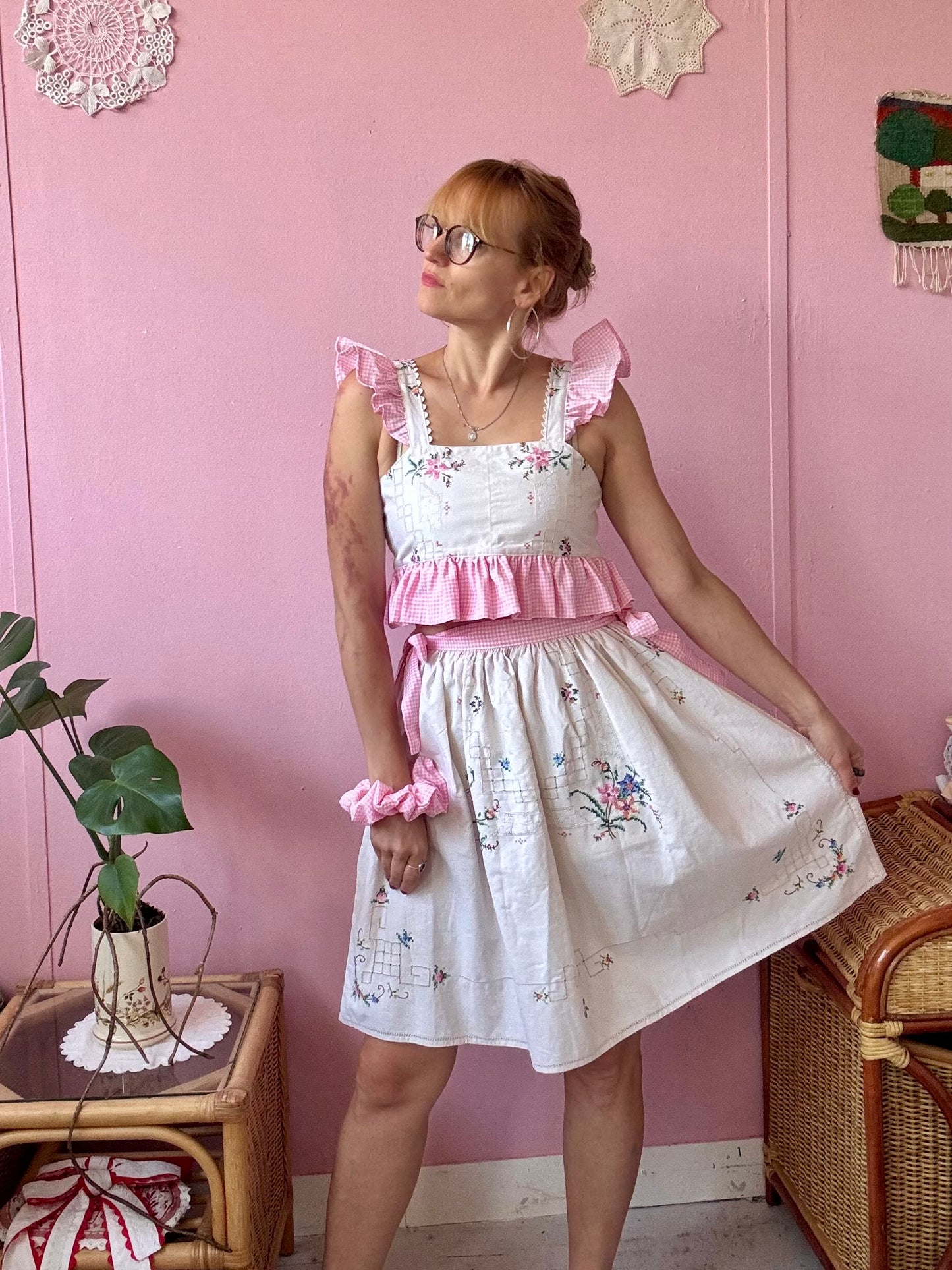 Embroidery and pink gingham set