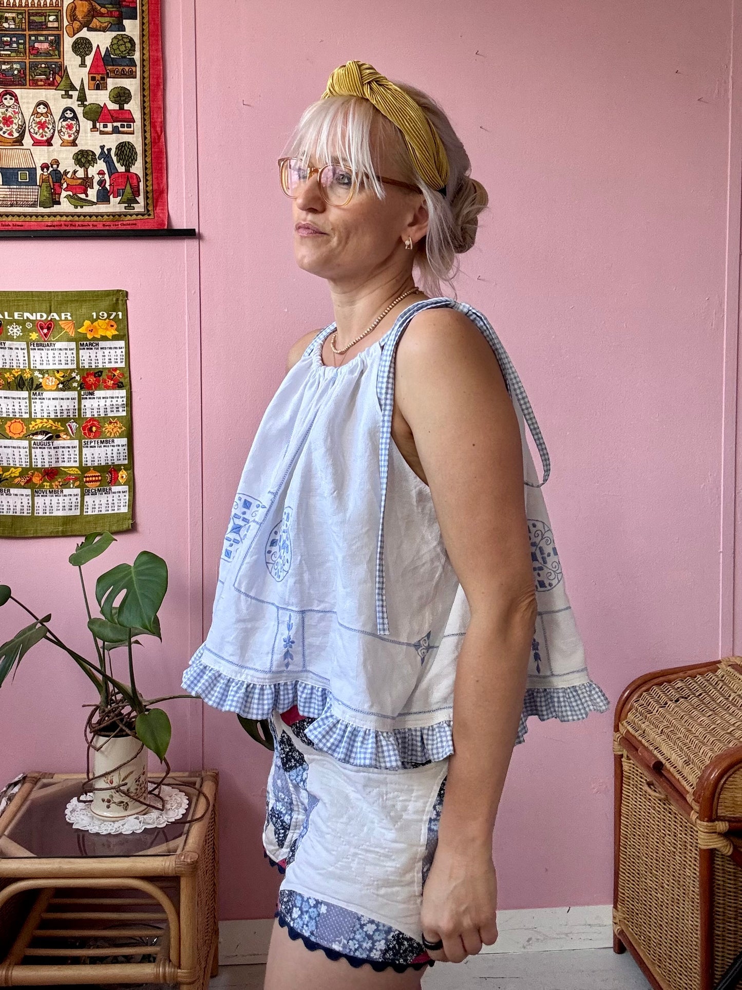 White linen top with blue gingham frill