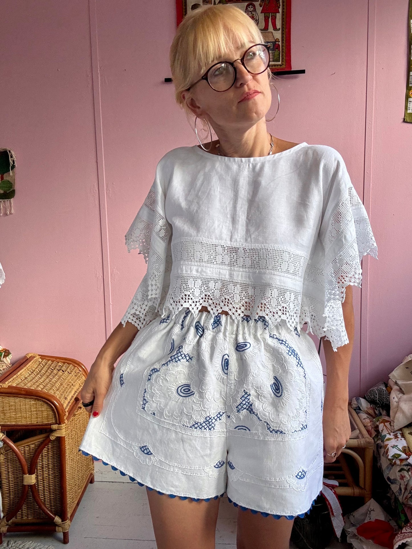 Blue/white embroidery shorts