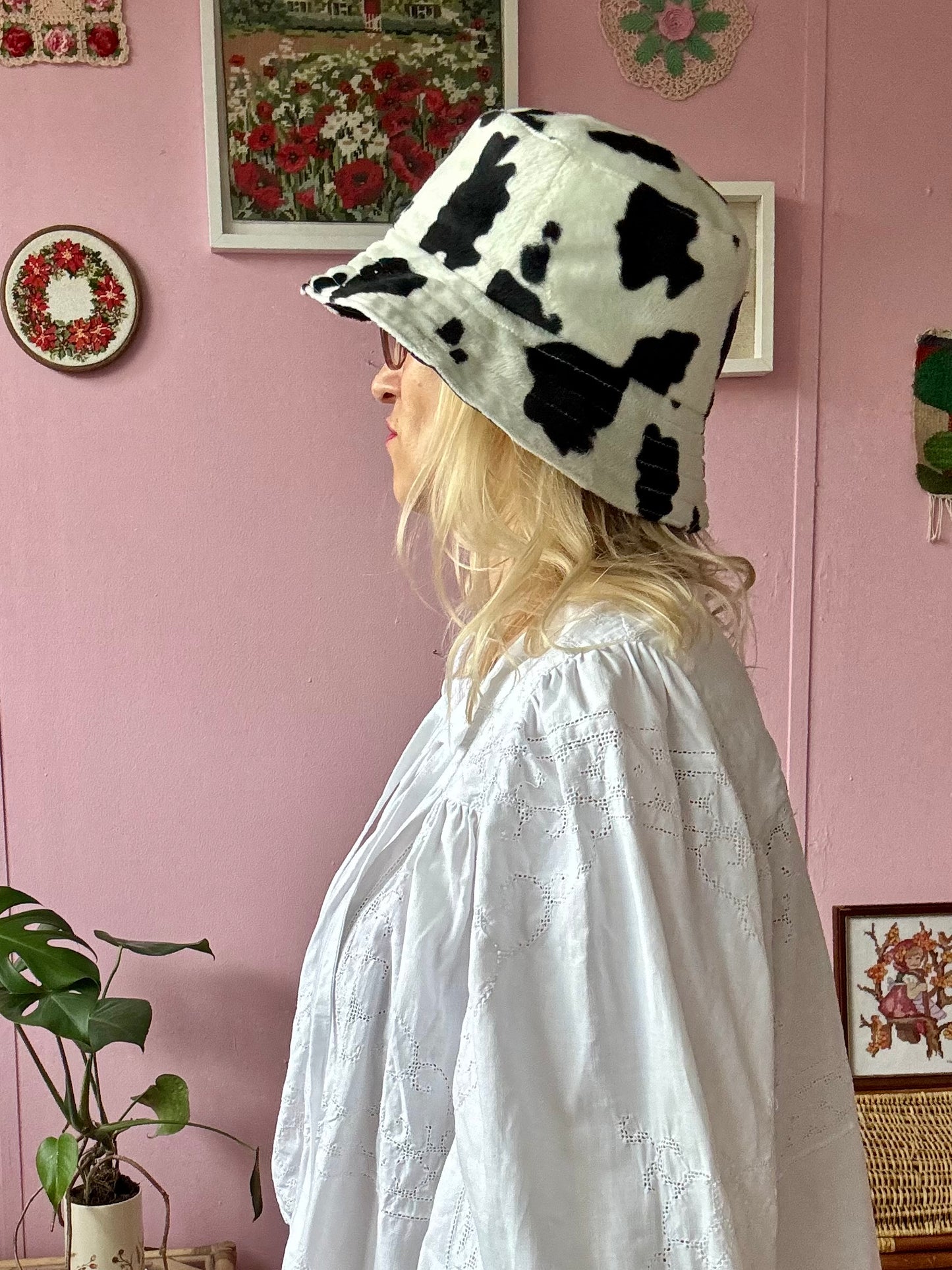 Reversible faux cow fur and denim with rainbow stitching bucket hat