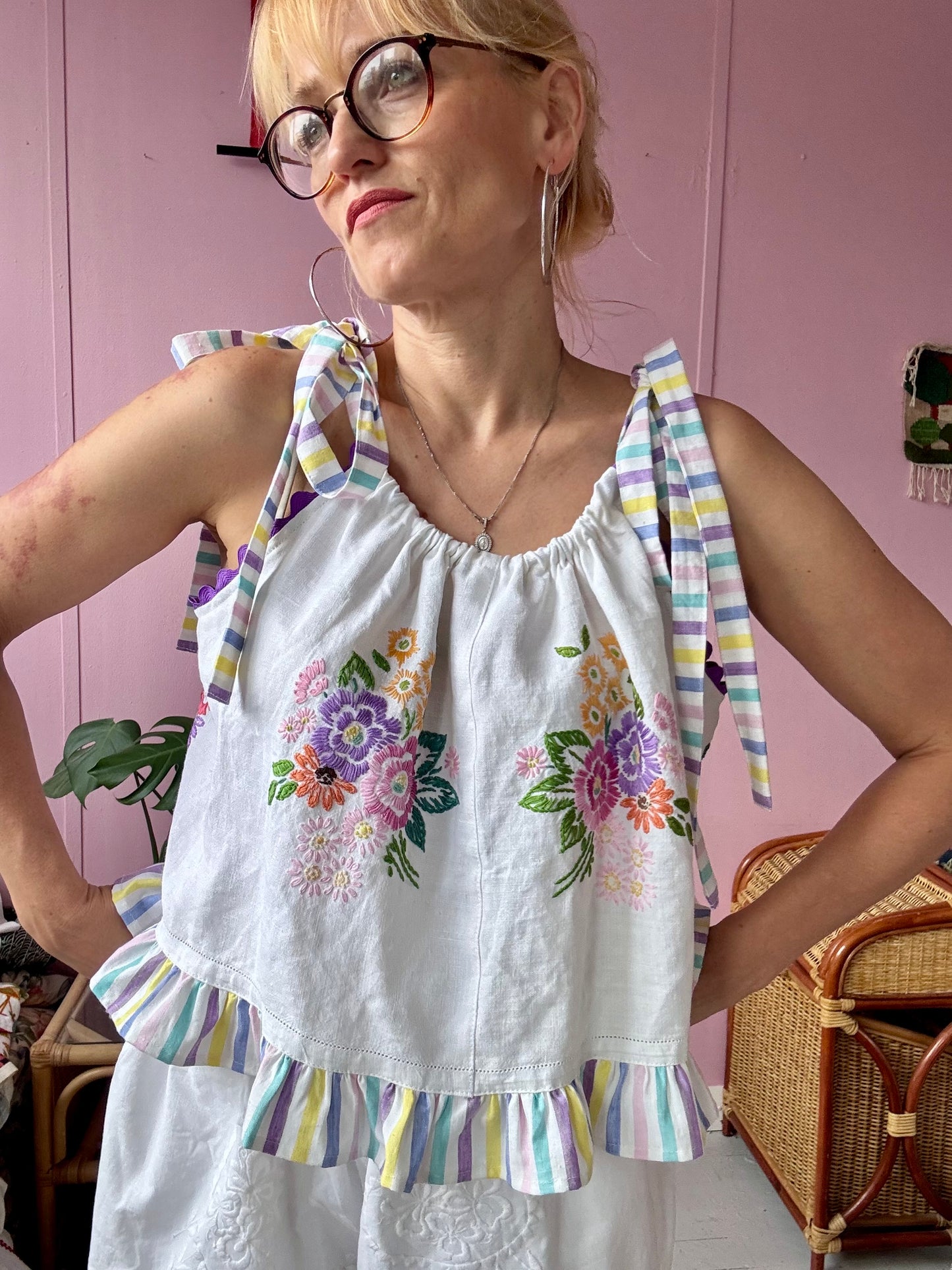 Floral top with stripes straps